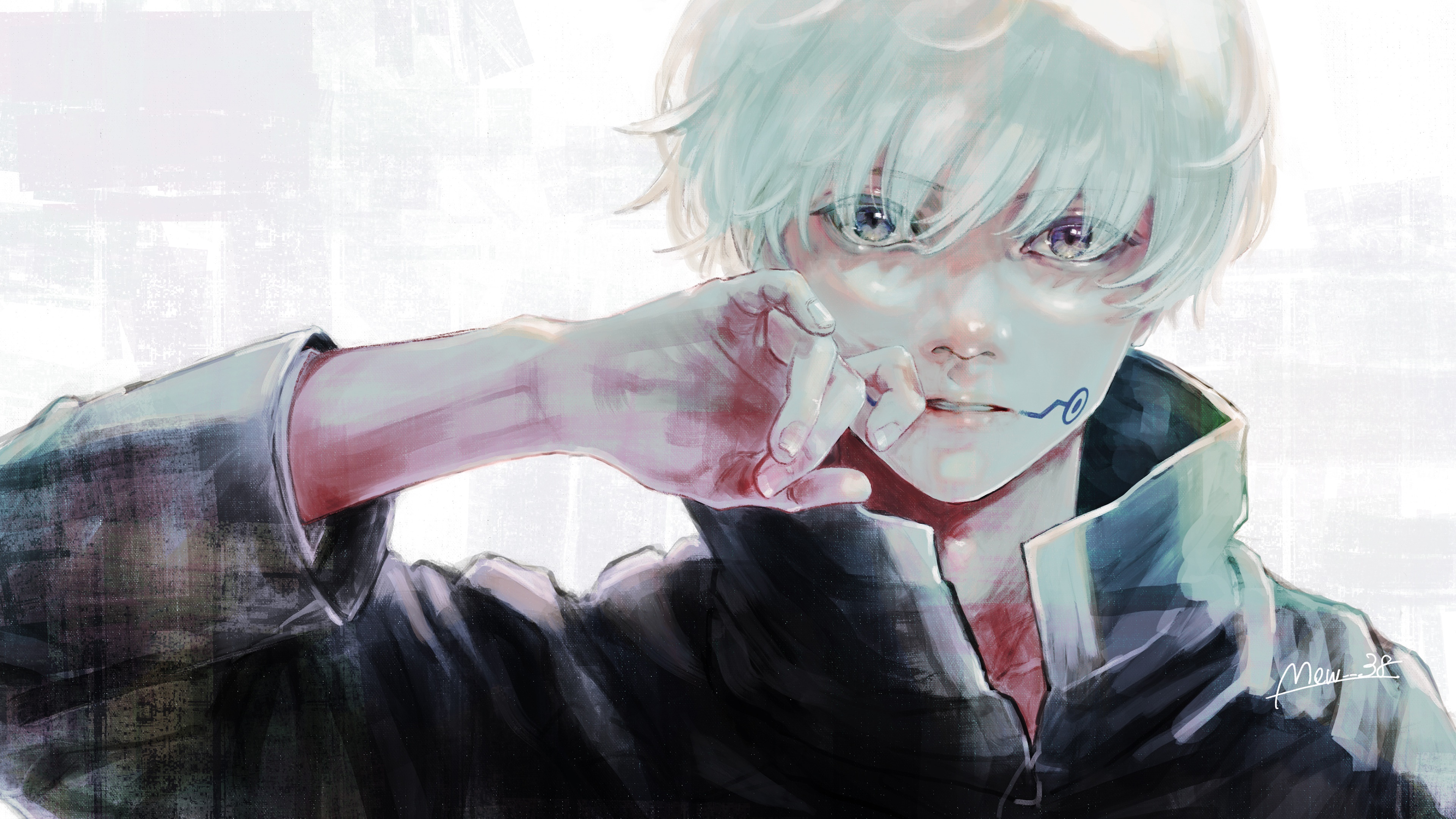 Anime character with white hair and blue markings HD Wallpaper