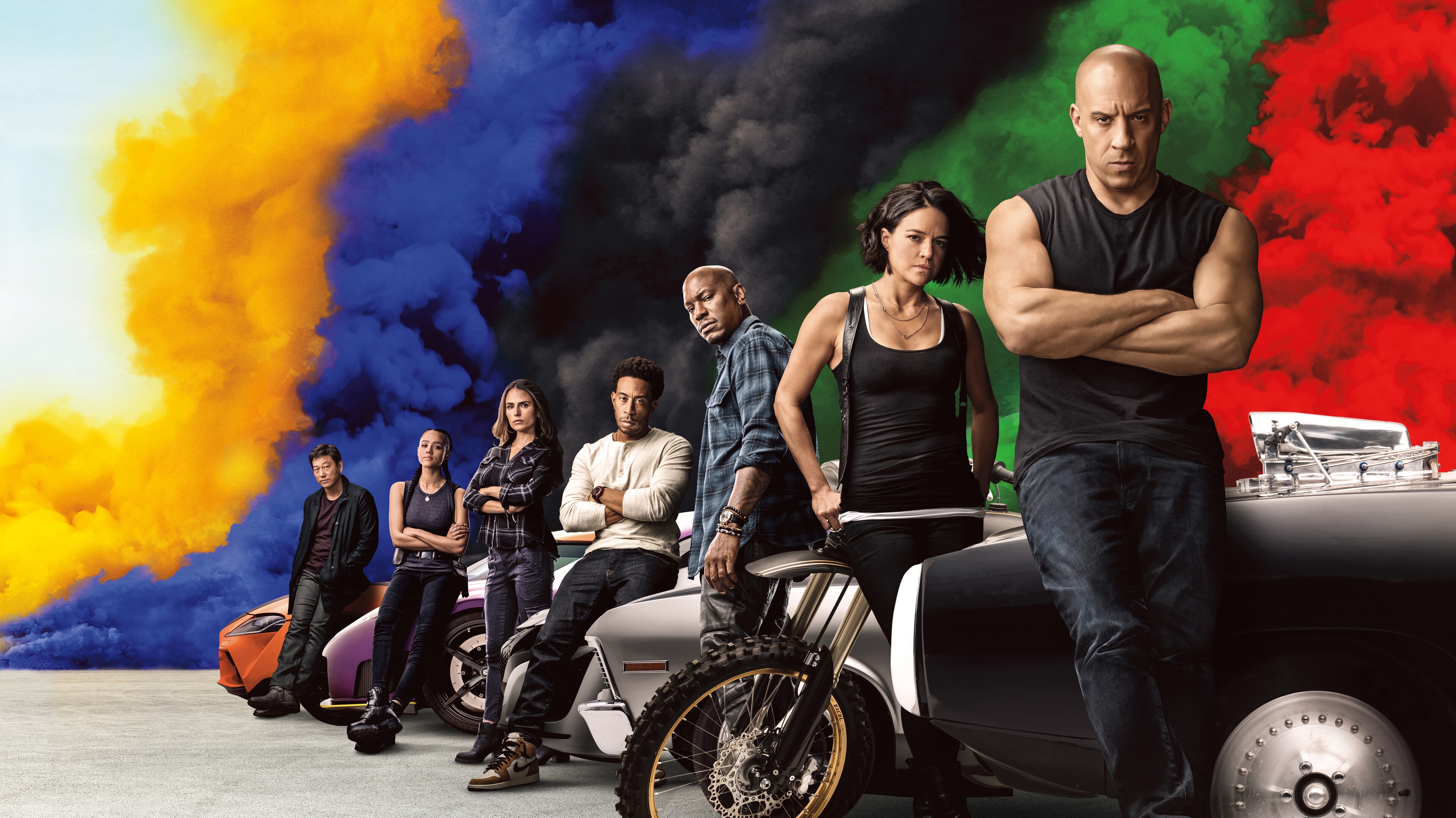 F9: The Fast Saga cast with cars and smoke HD Wallpaper
