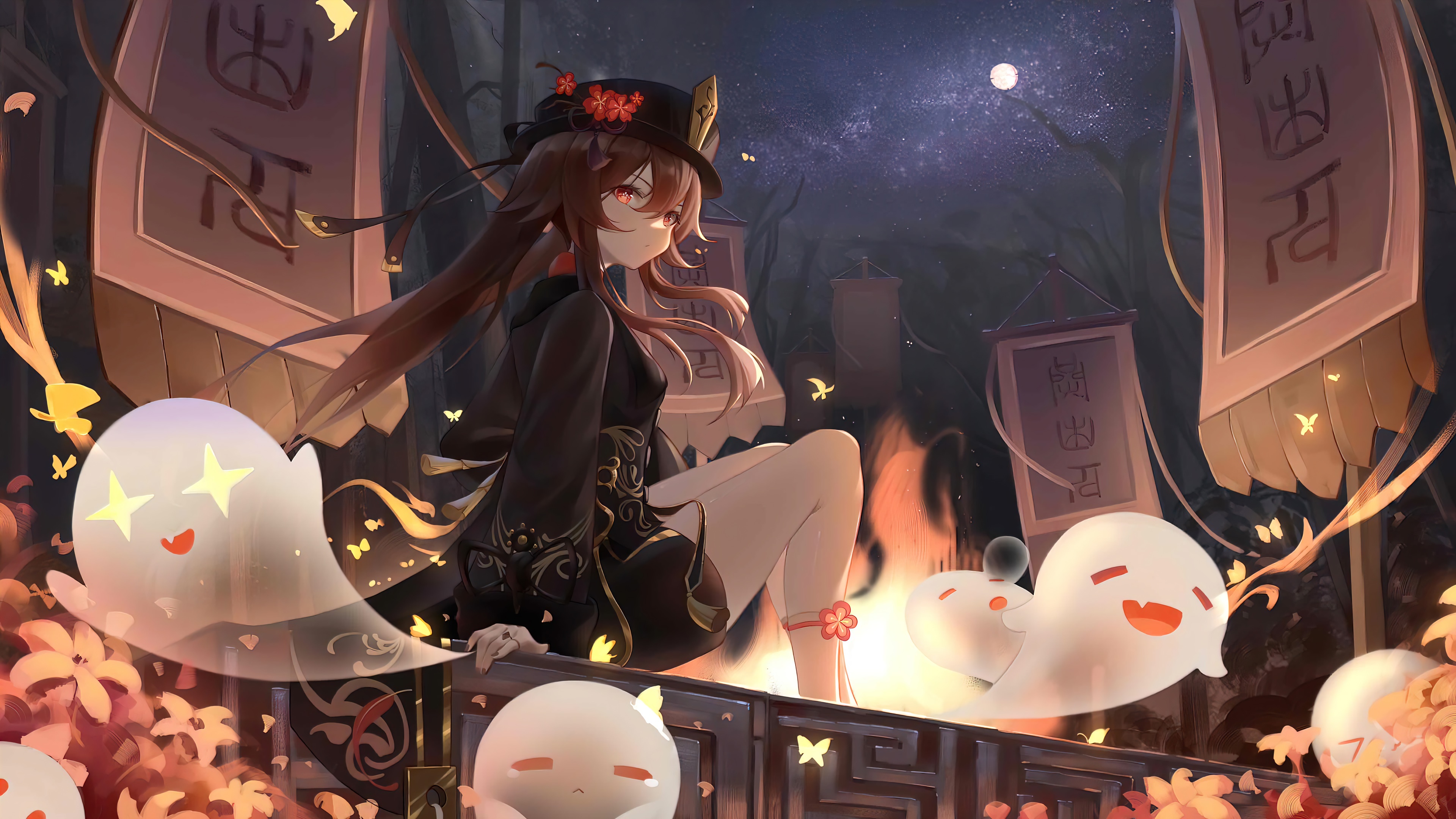 Hu Tao with Playful Ghosts in HD Wallpaper