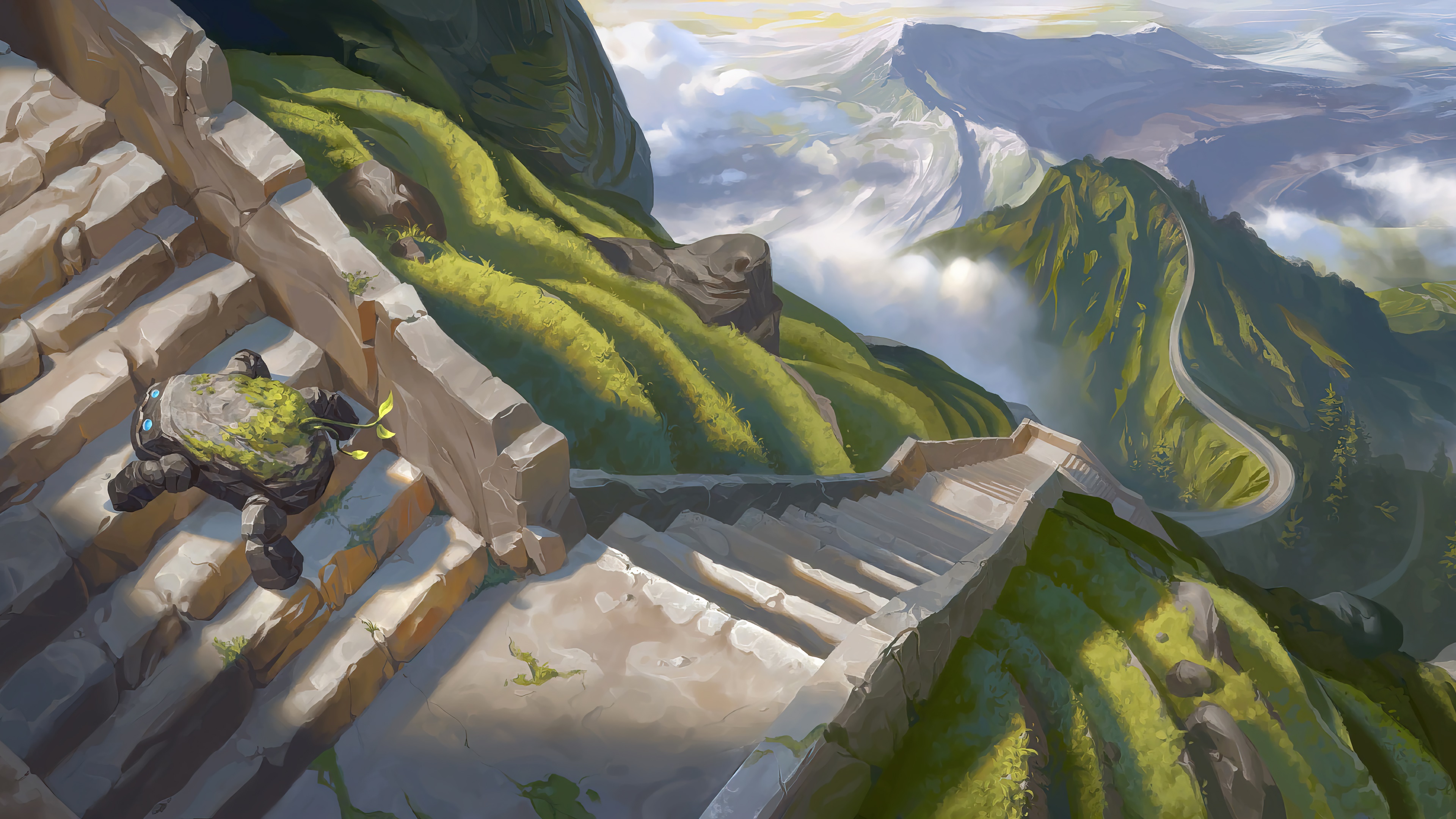 Stone creature on spiral stairs in mountains HD Wallpaper