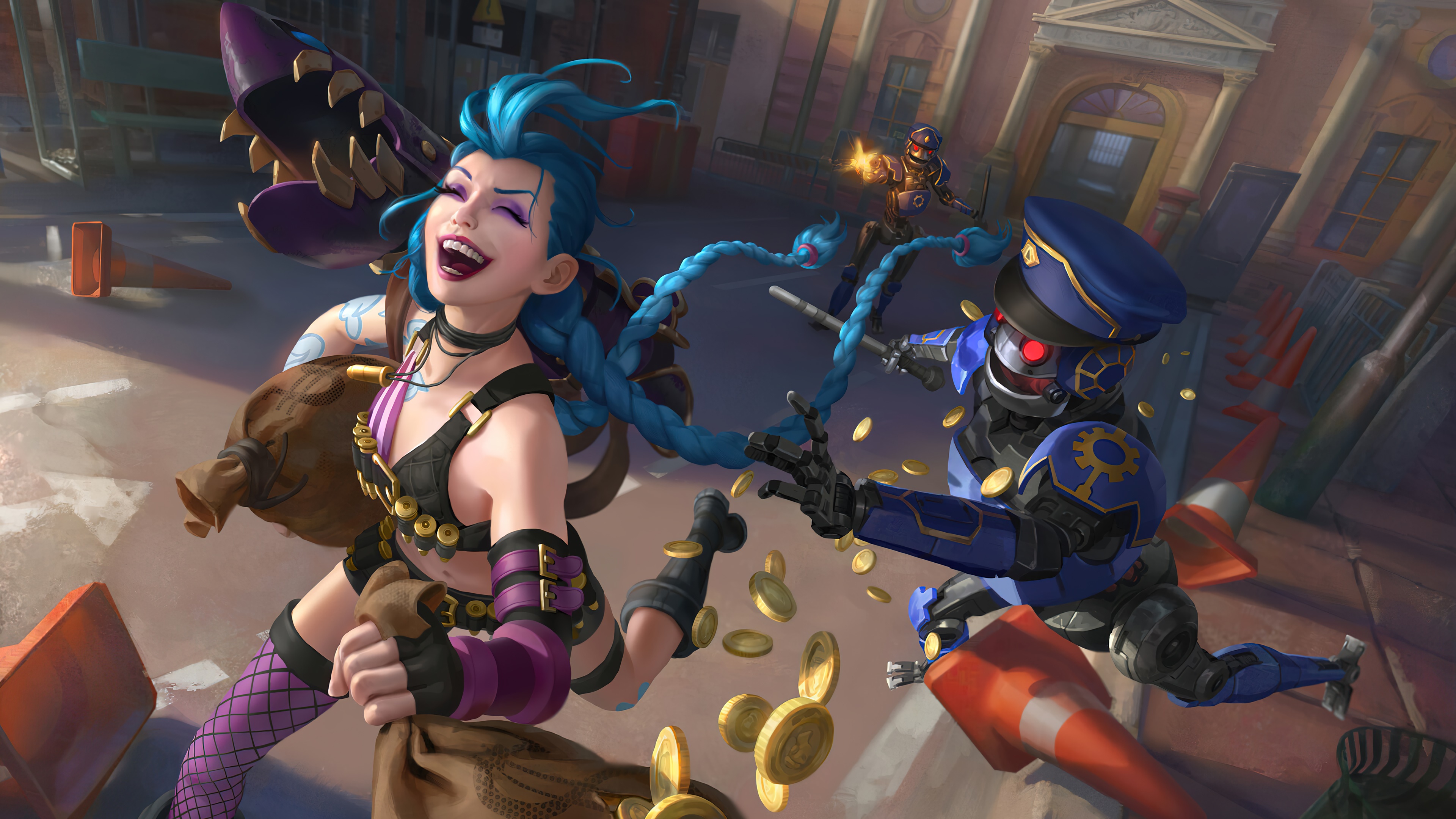 Jinx from League of Legends robbing a bank HD Wallpaper