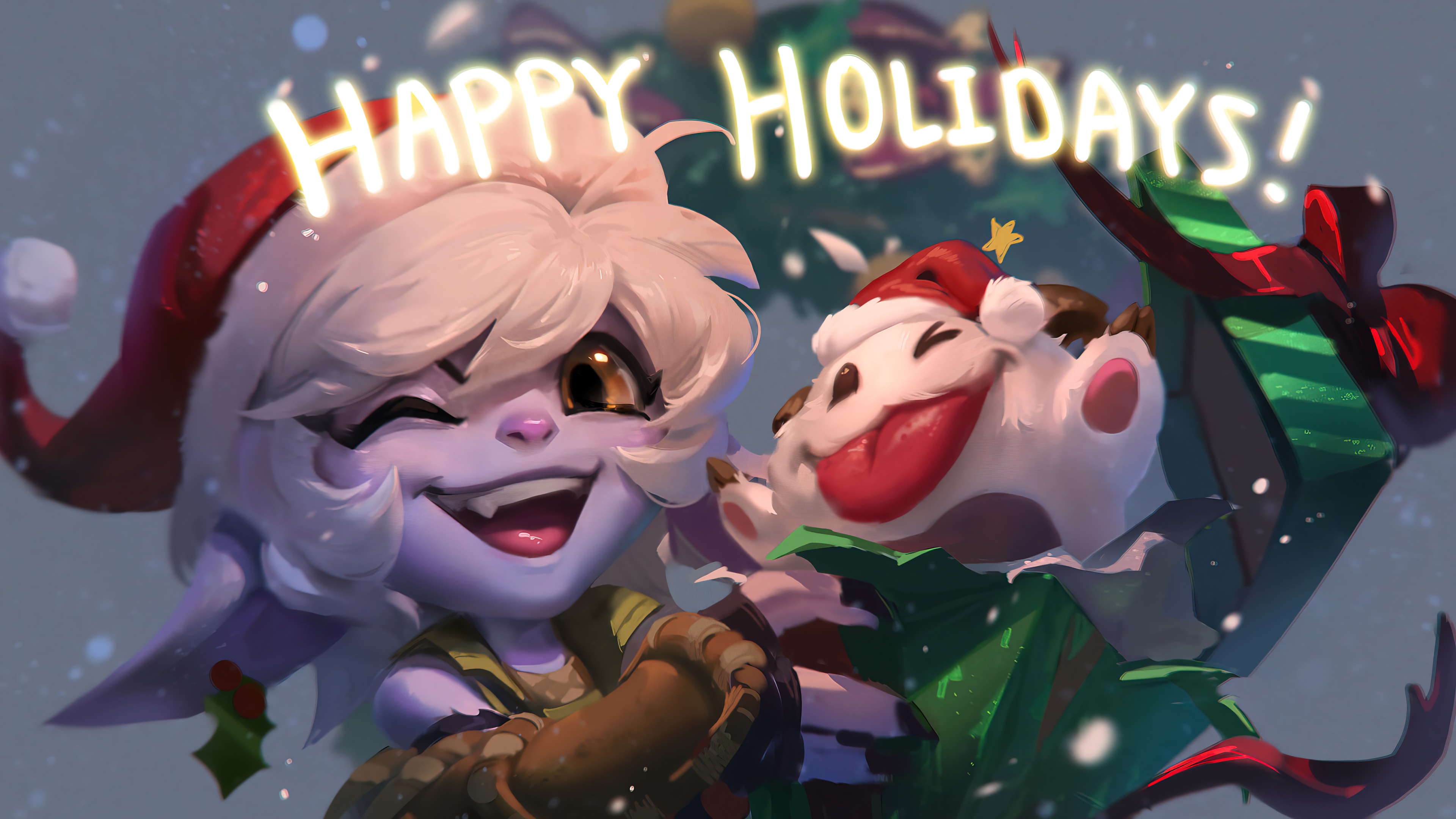 Tristana and Poro from League of Legends celebrating Happy Holidays HD Wallpaper