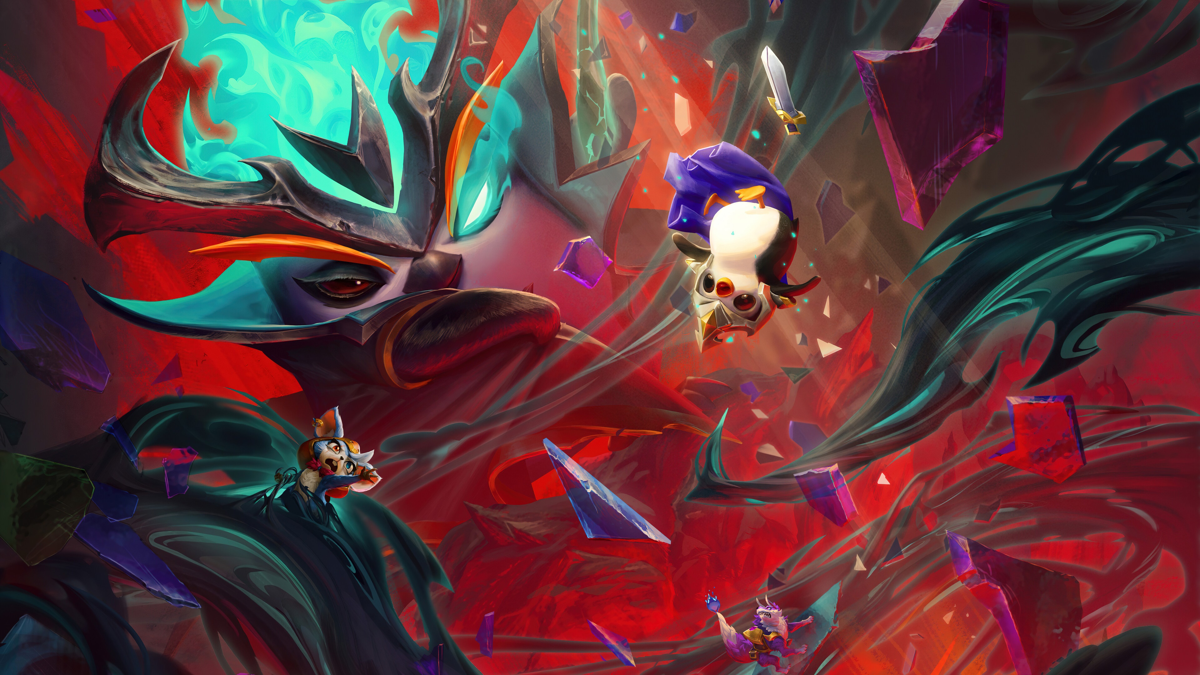 Teamfight Tactics characters in a chaotic battle HD Wallpaper