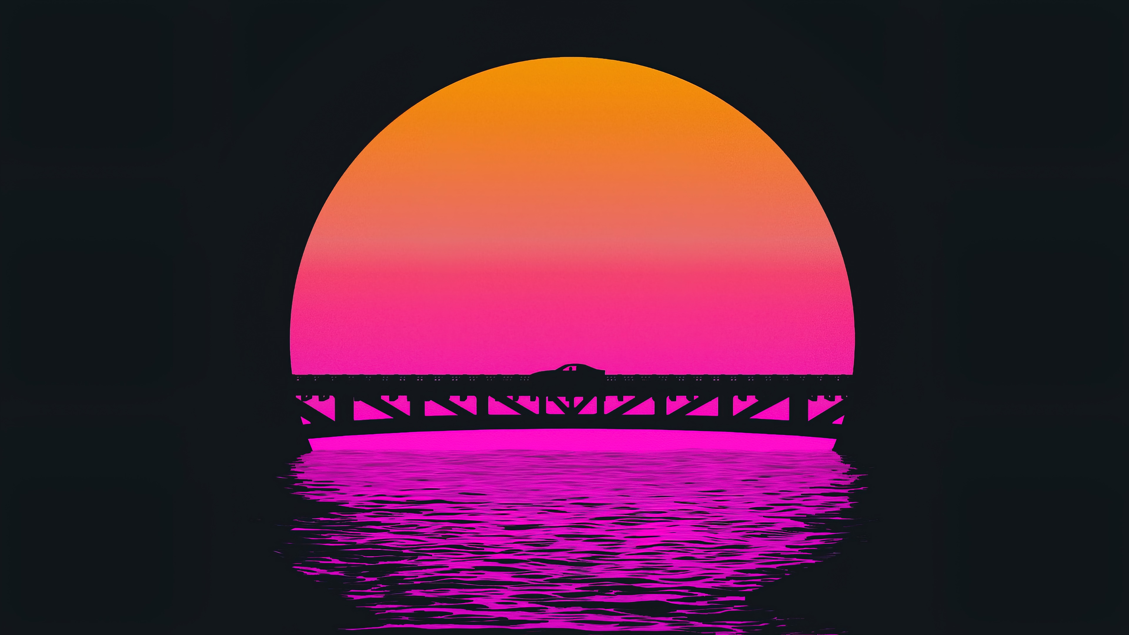 Minimalist bridge with car at sunset 4K HD Wallpaper
