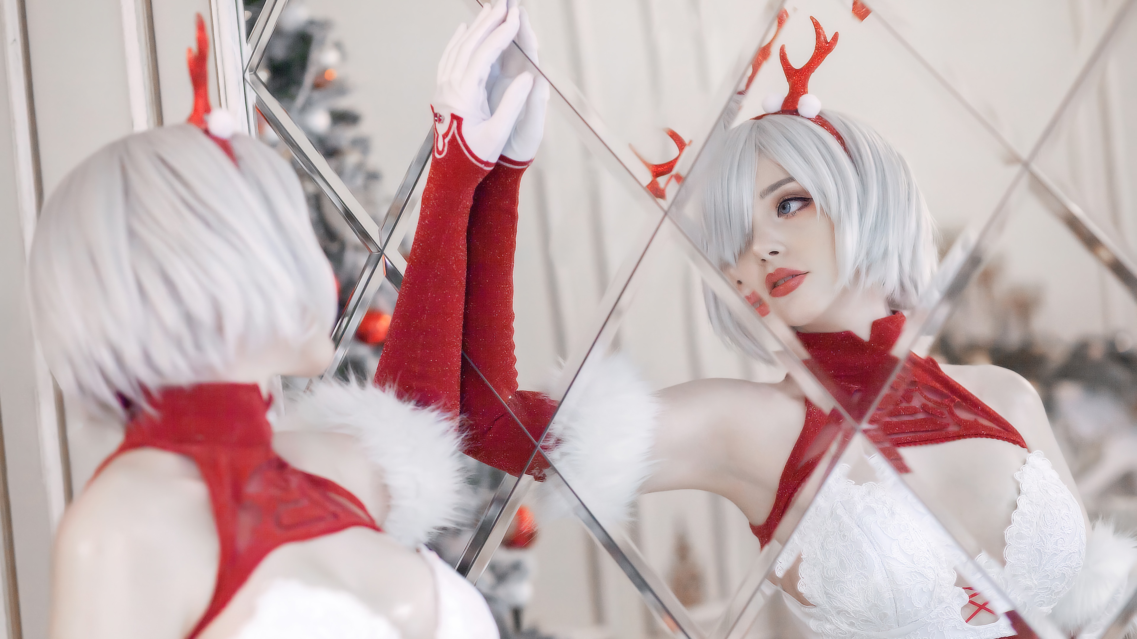 Girl in Christmas Outfit with White Hair HD Wallpaper