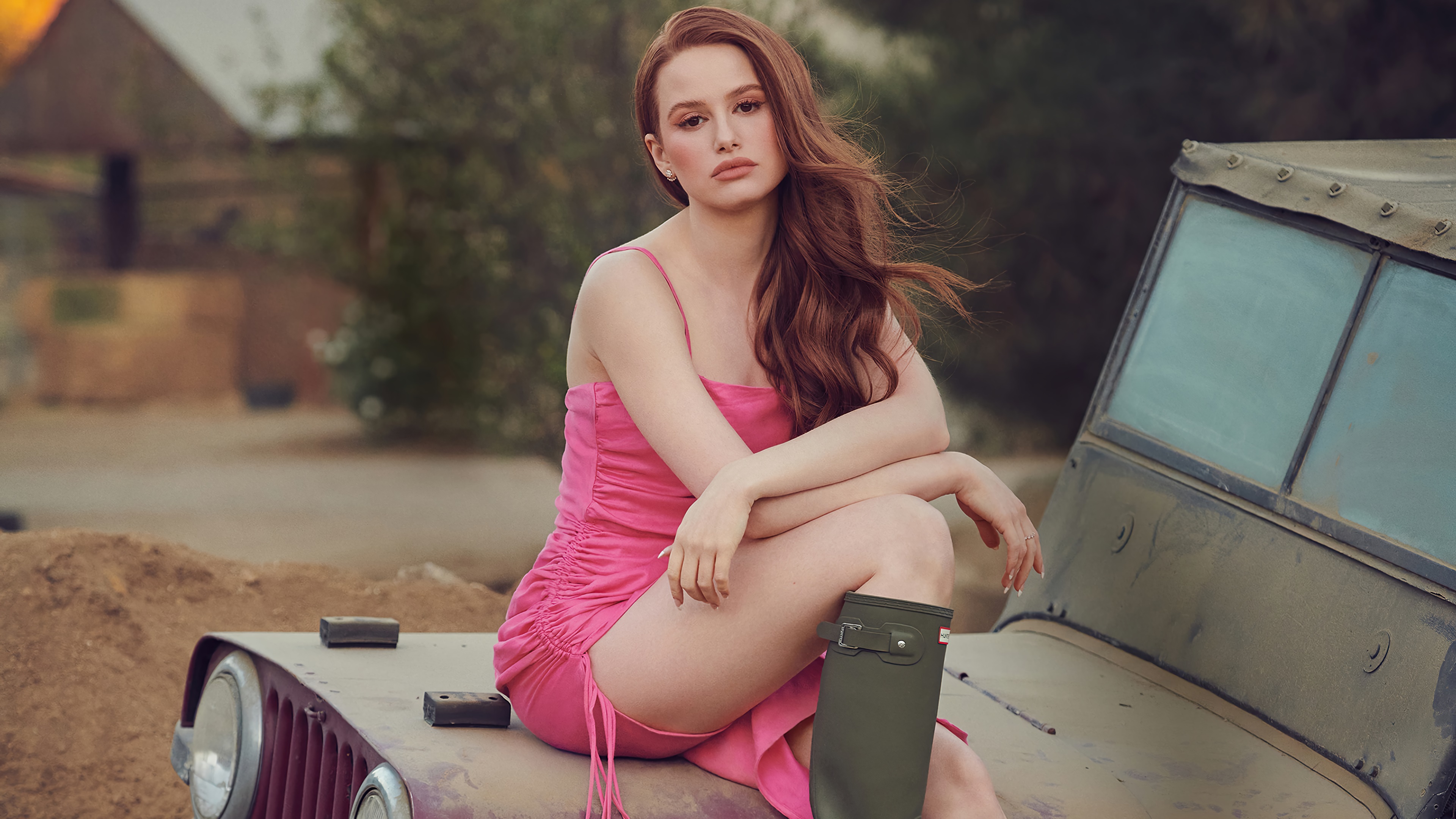 Madelaine Petsch in pink dress and green boots HD Wallpaper