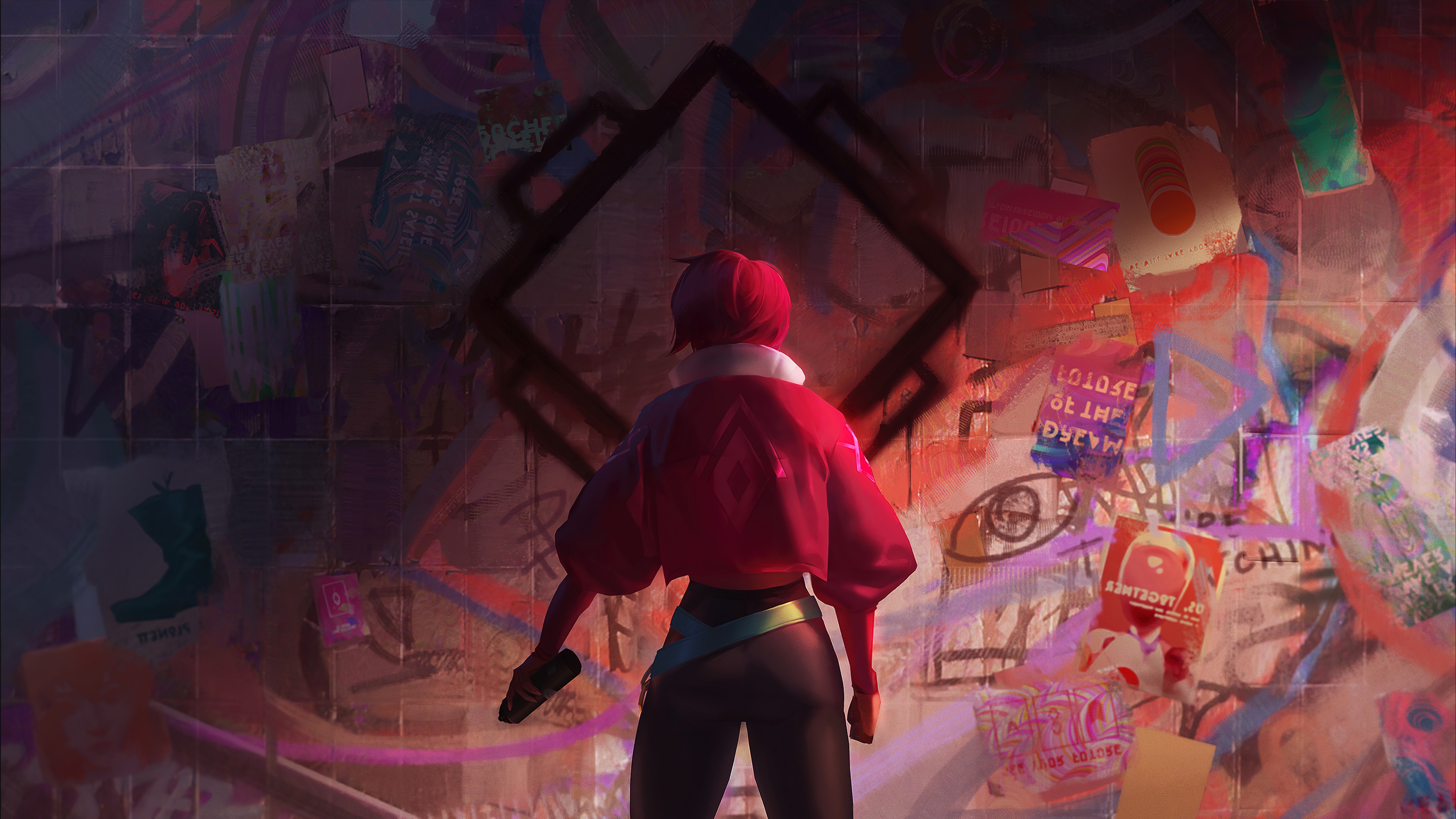 Girl in red jacket in front of graffiti wall 4K HD Wallpaper