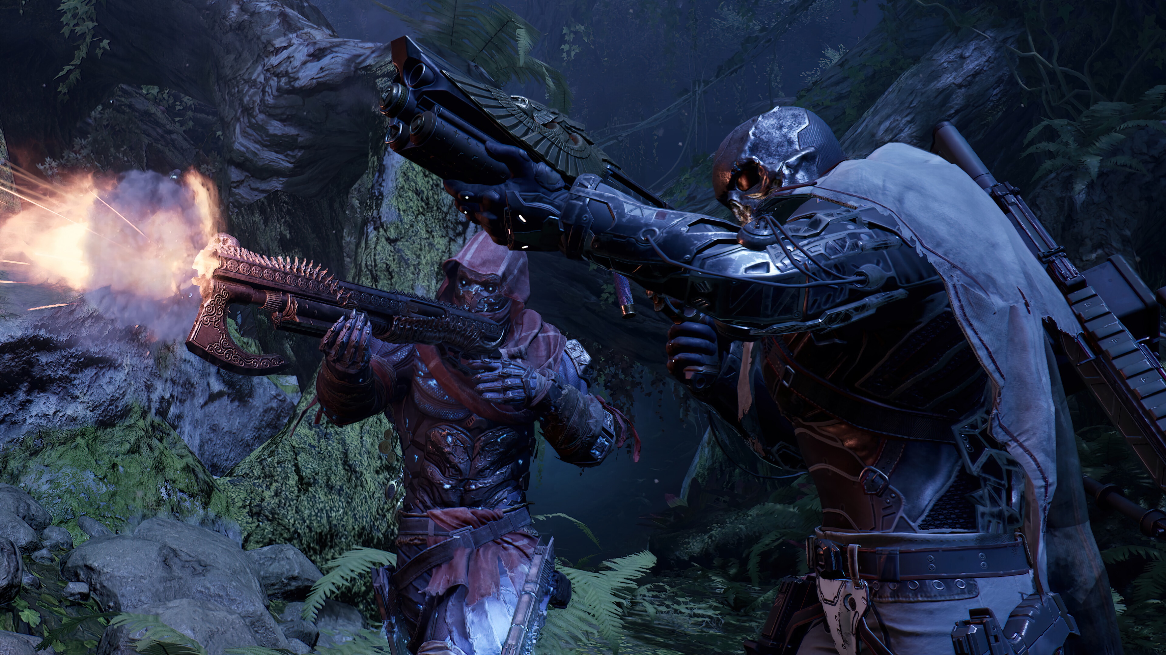 Outriders characters firing weapons in a forest HD Wallpaper