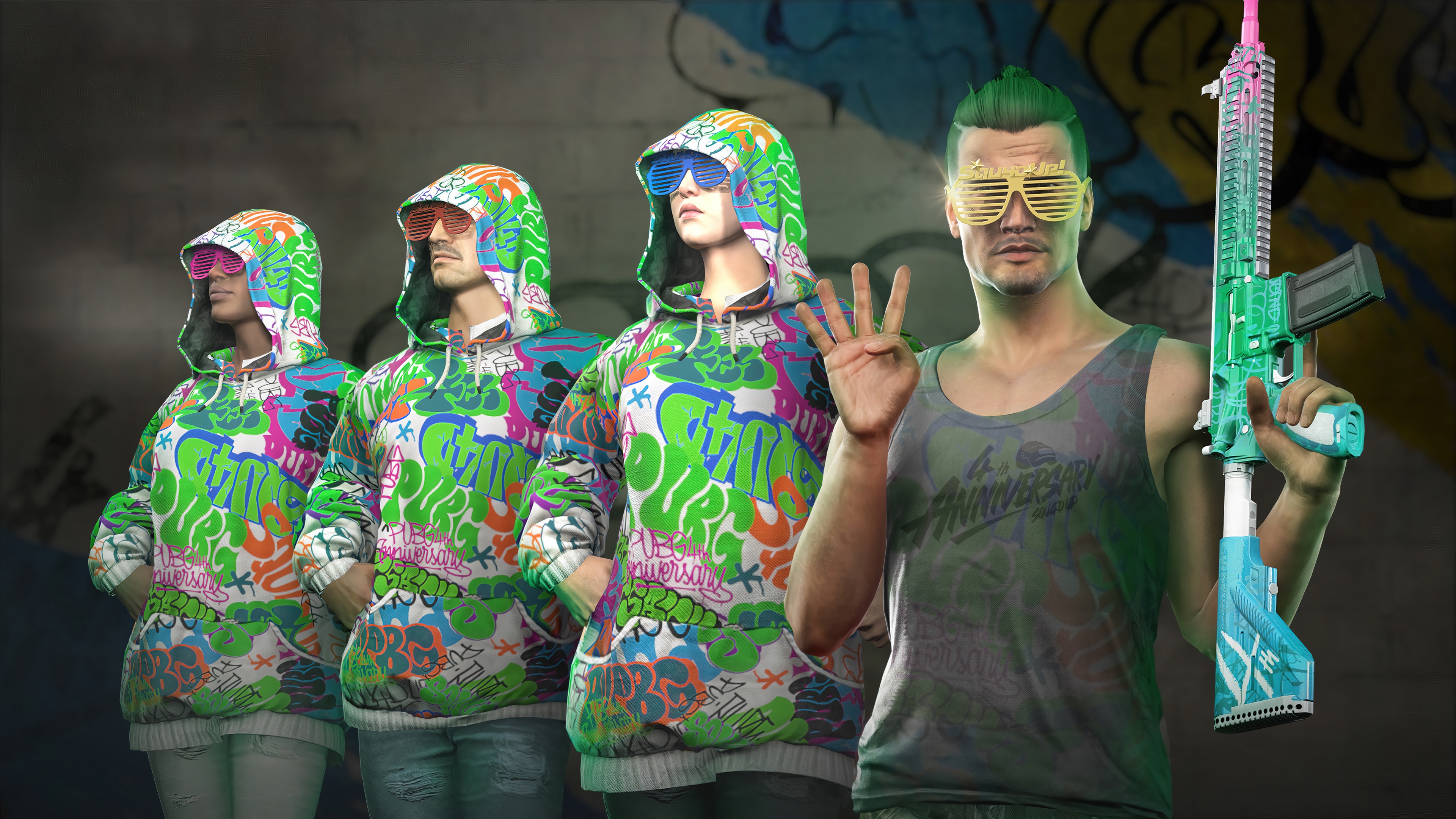 PUBG characters with graffiti hoodies and a rifle HD Wallpaper