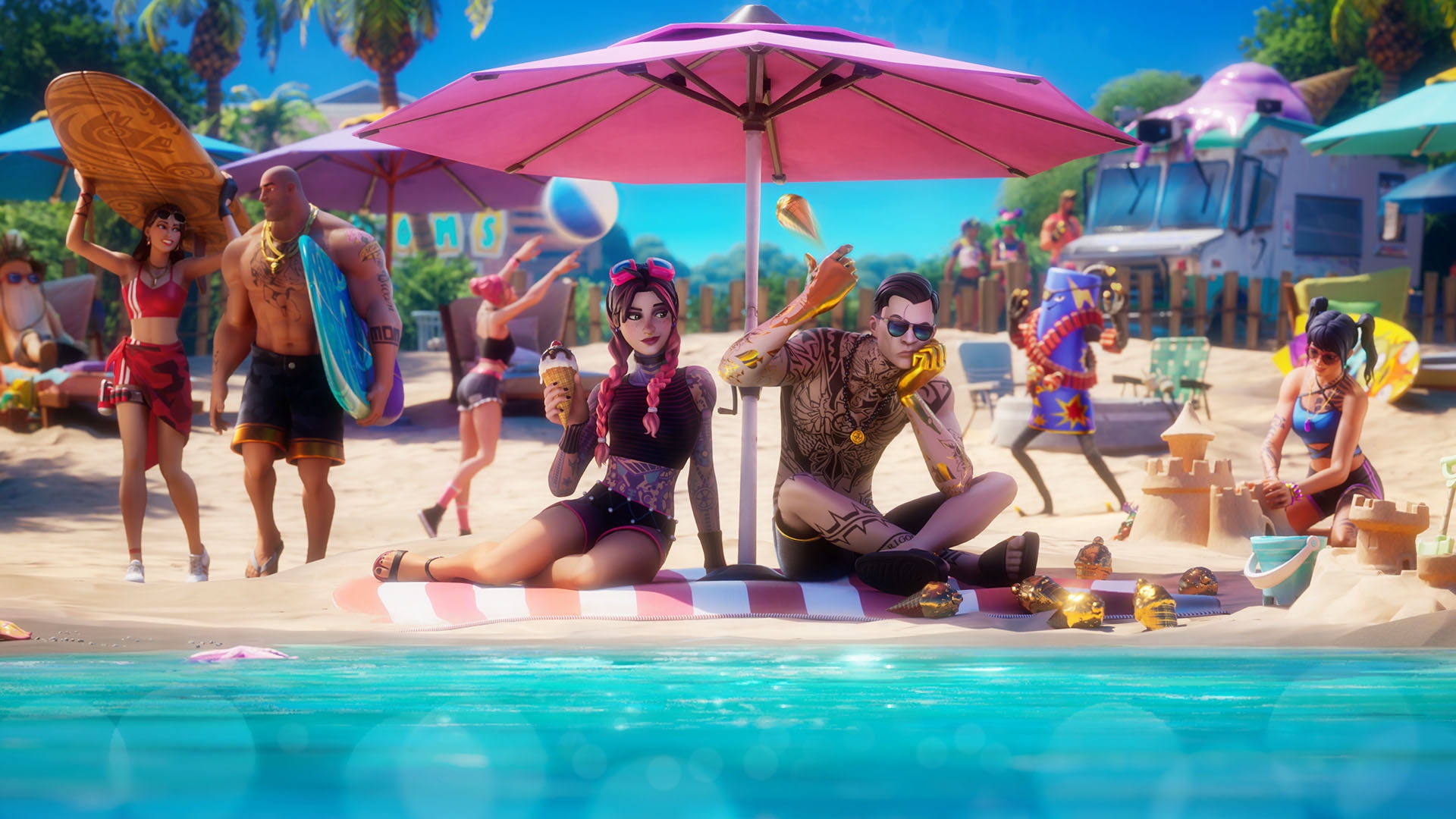 Fortnite Summer Party: Characters Enjoying a Beach Day HD Wallpaper
