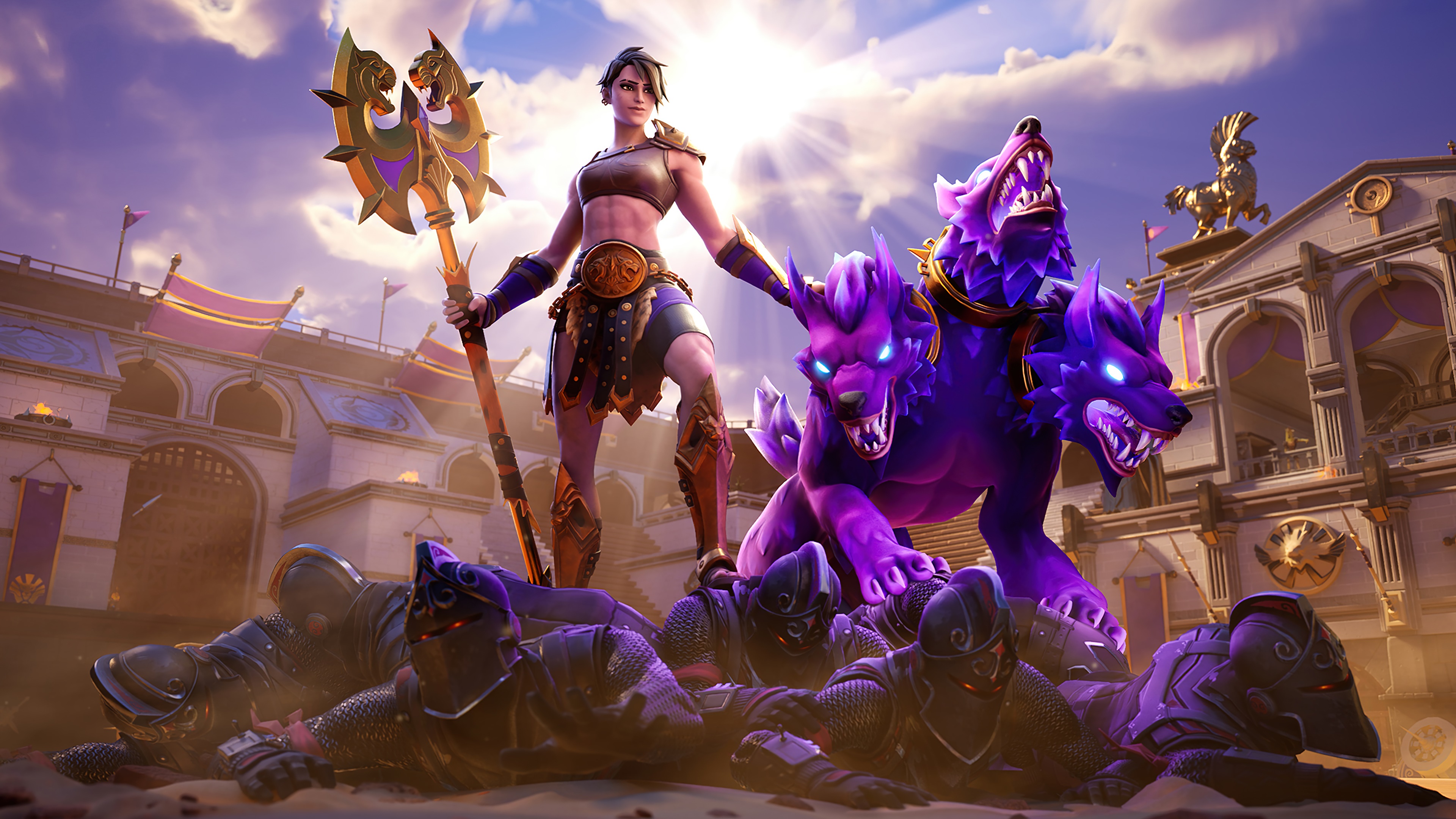 Fortnite character with Cerberus and defeated gladiators HD Wallpaper