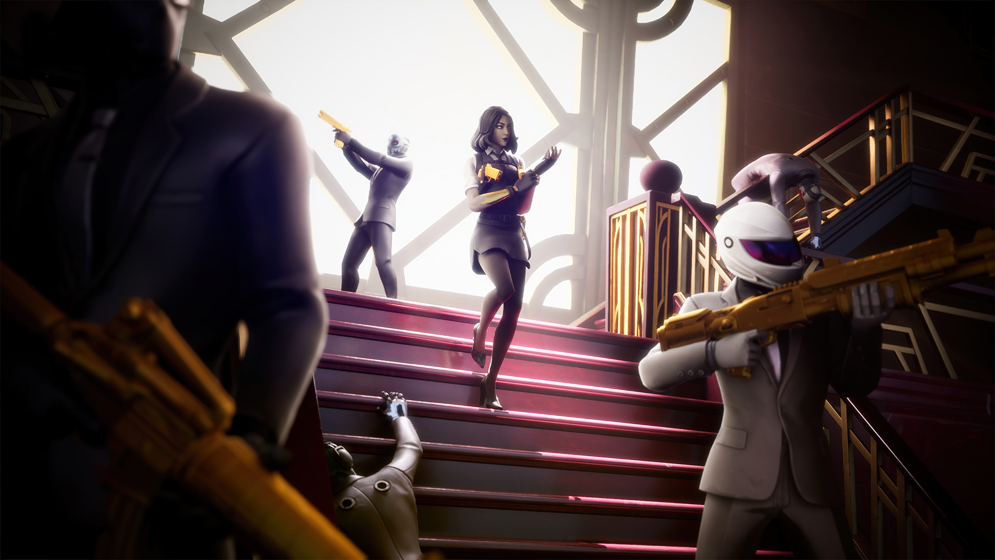 Marigold from Fortnite with armed figures on stairs HD Wallpaper