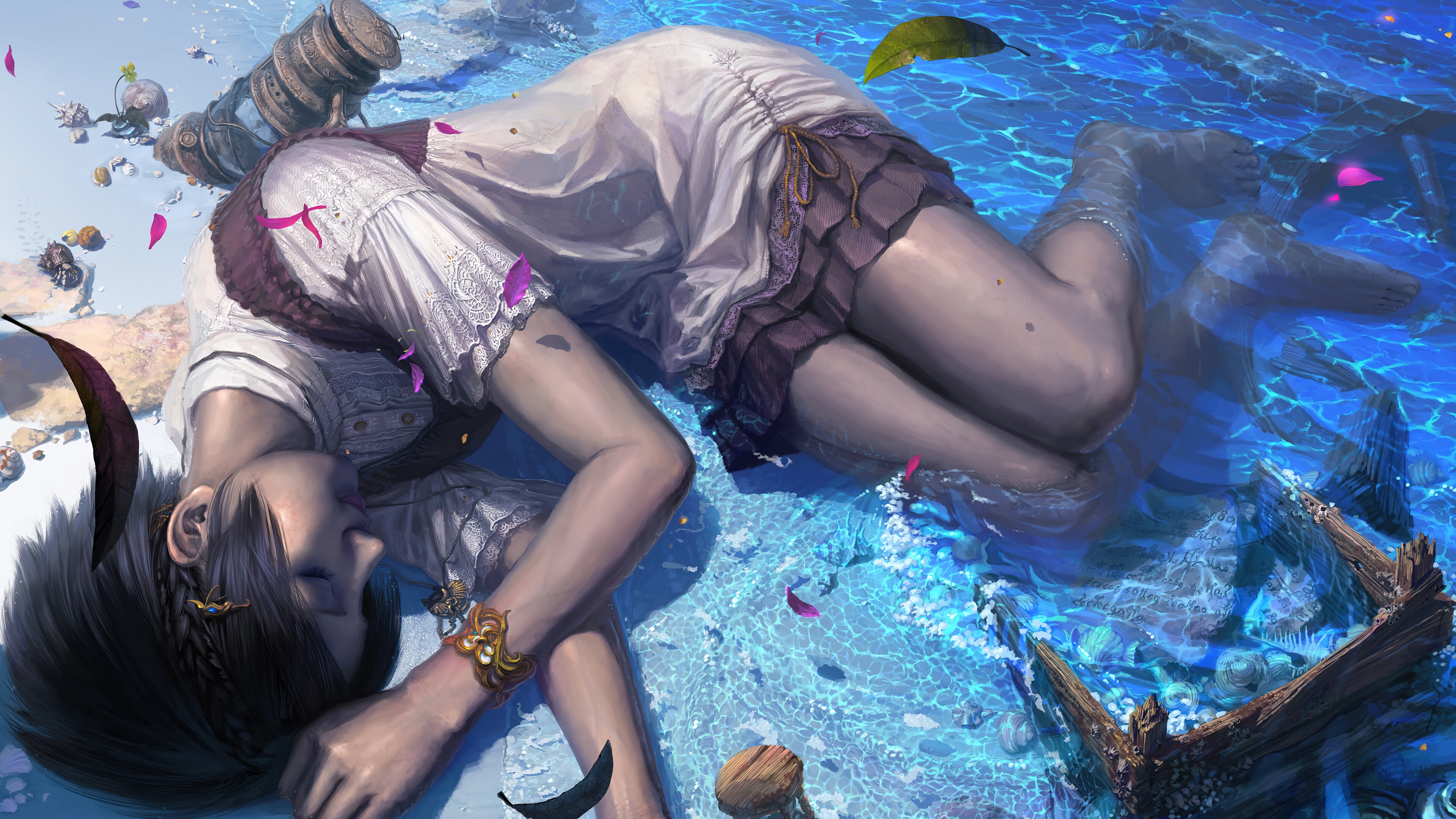 Fantasy anime girl lying in shallow blue water HD Wallpaper