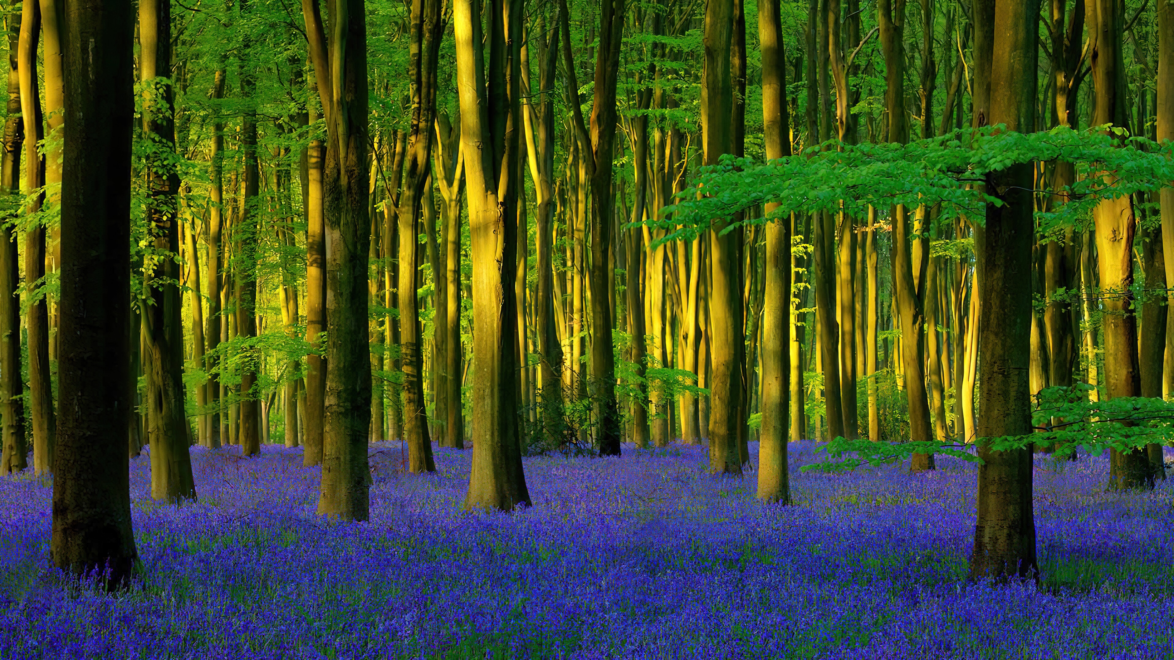 Bluebell Forest with Tall Trees HD Wallpaper