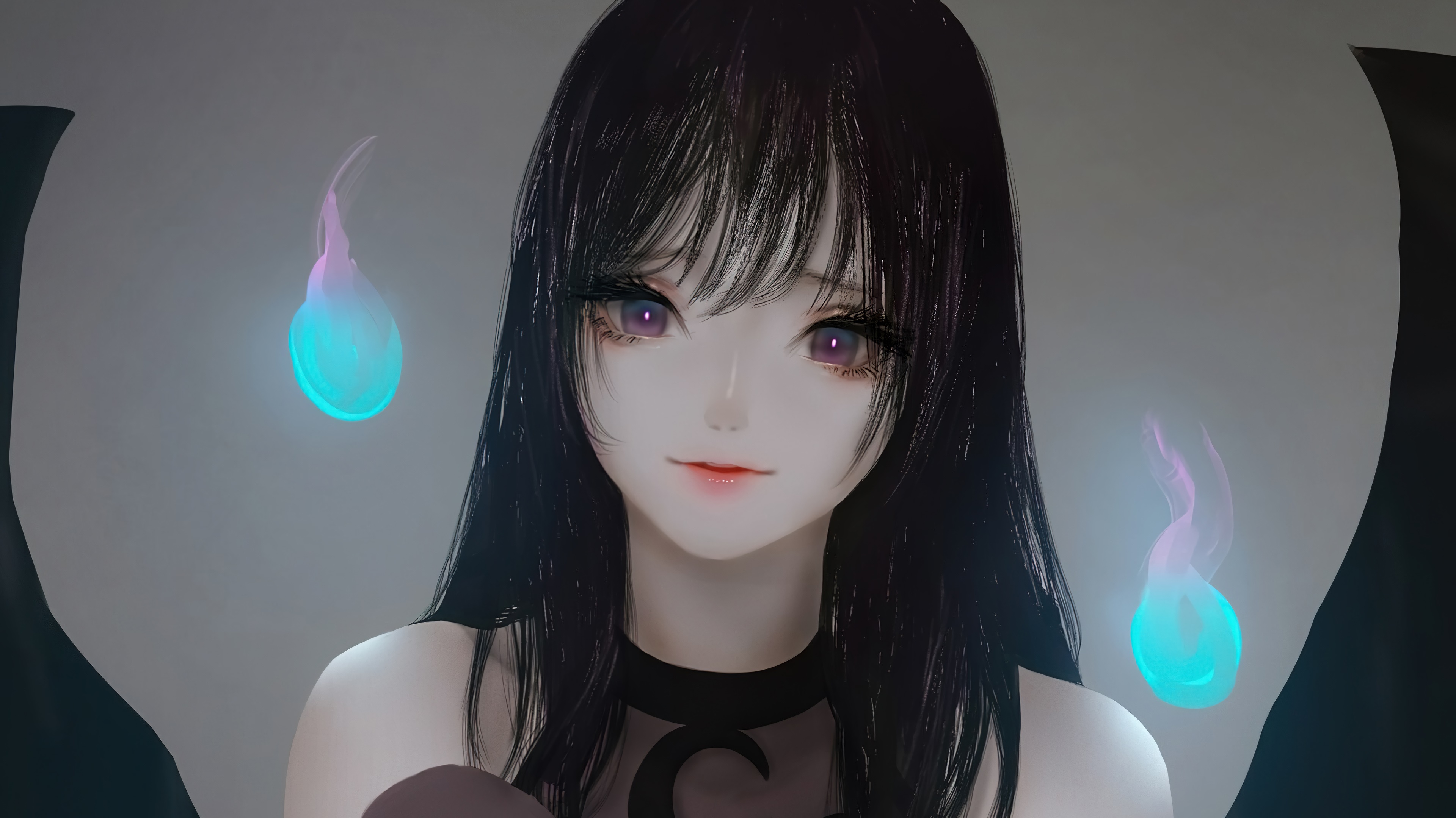Anime girl with black hair and purple eyes HD Wallpaper