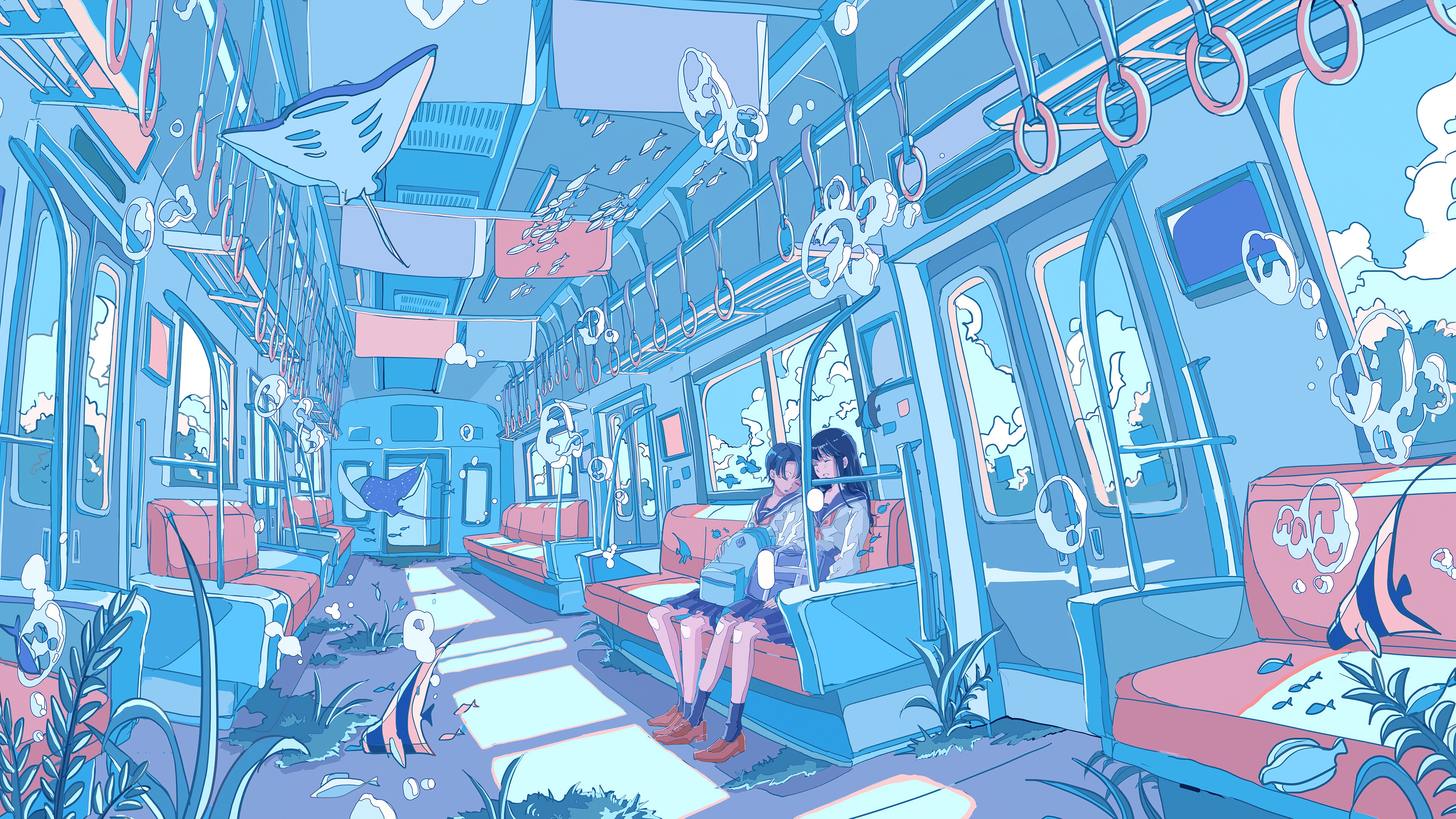 Anime Girls Sitting Inside a Train Cabin in 4K HD Wallpaper