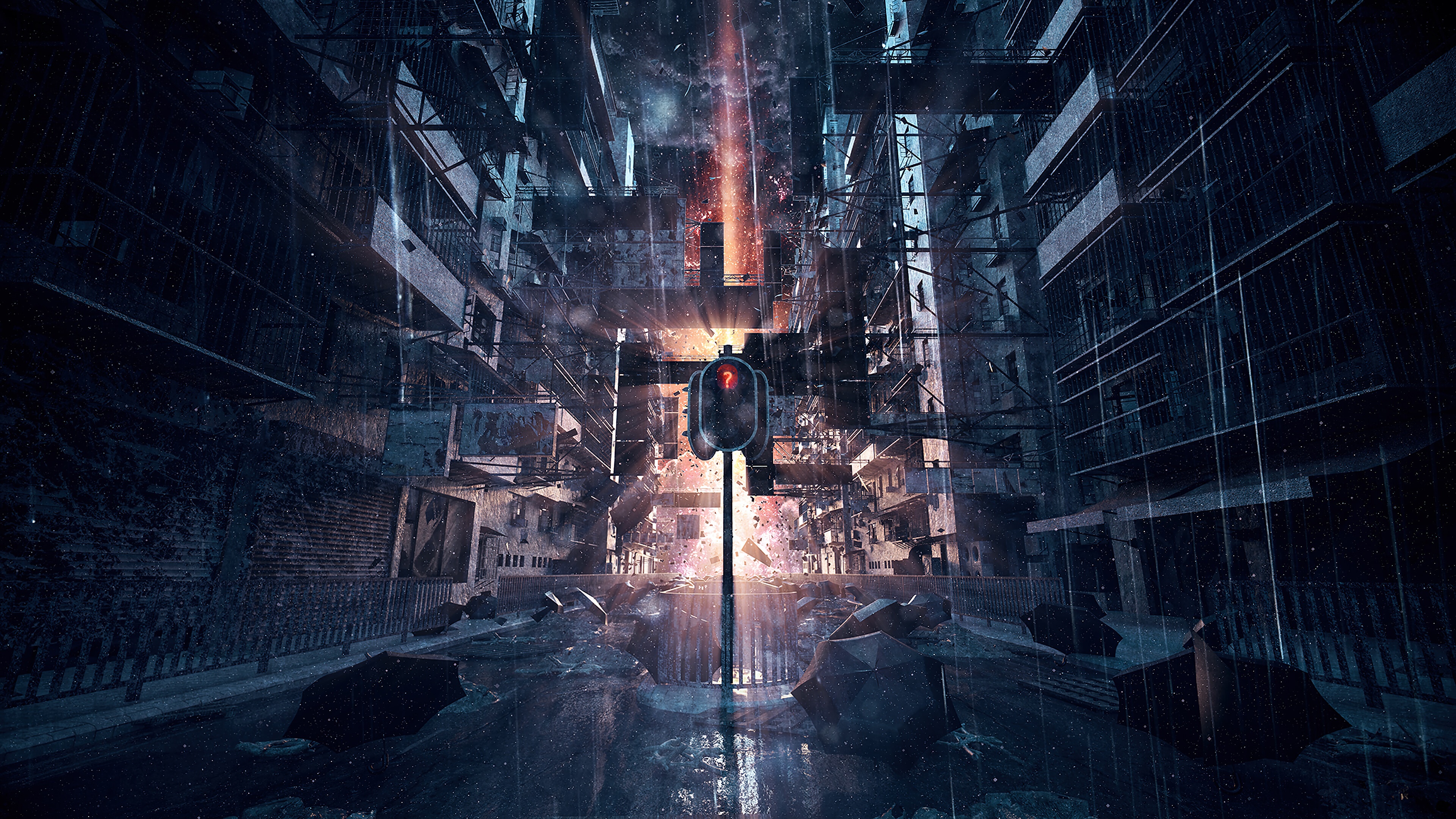 Post-apocalyptic city street with traffic light and explosion HD Wallpaper