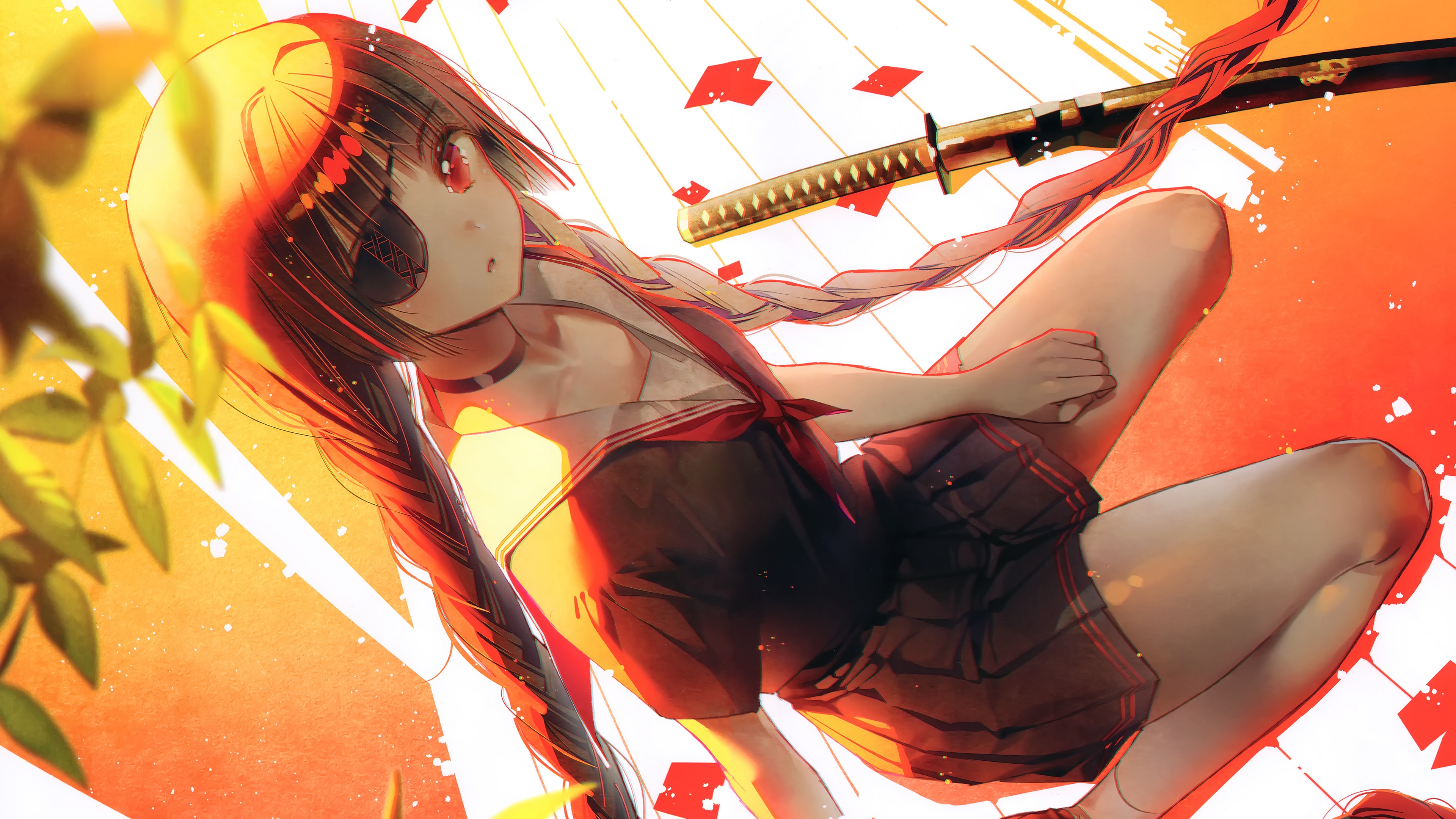 Anime girl with katana and eyepatch 4K HD Wallpaper