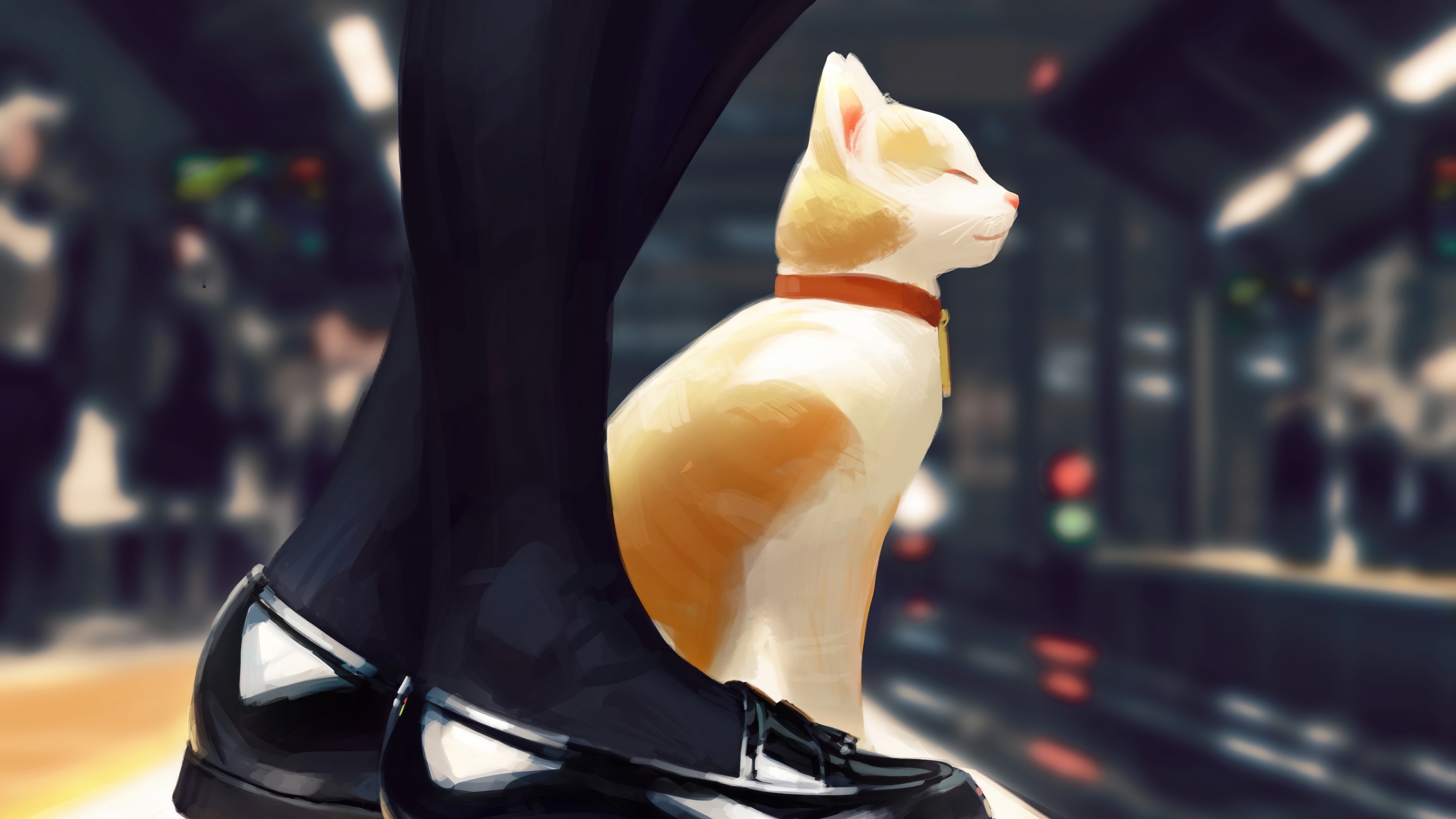 Anime cat with owner at a station 4K HD Wallpaper