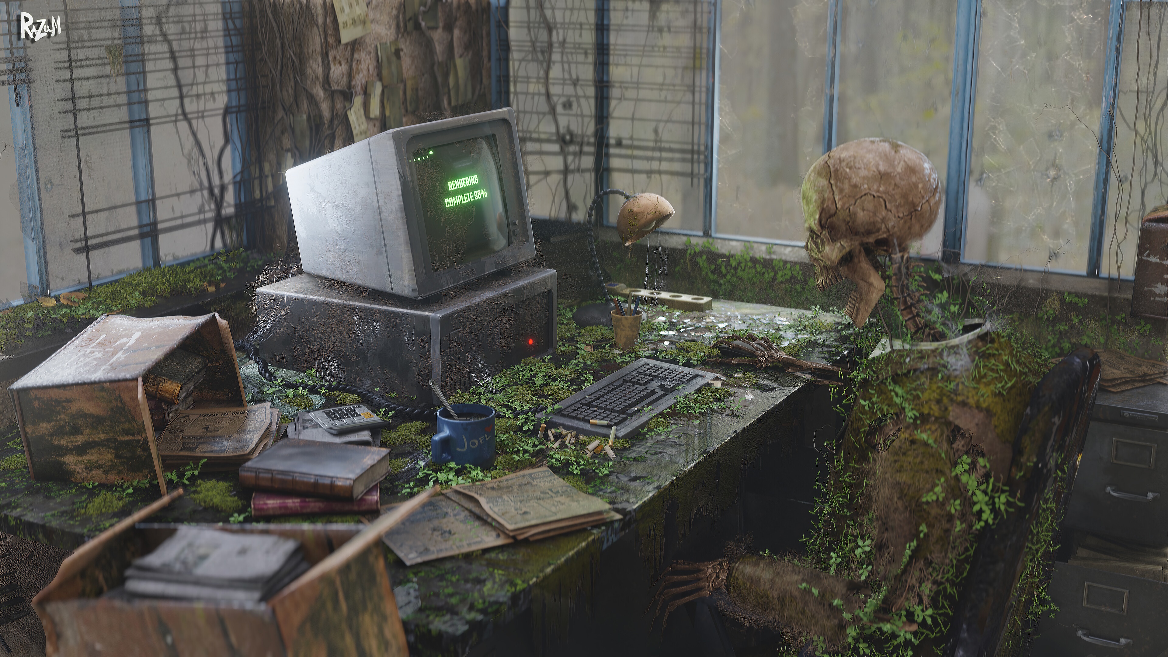 Skeleton at a desk with a computer in a ruined room 4K HD Wallpaper