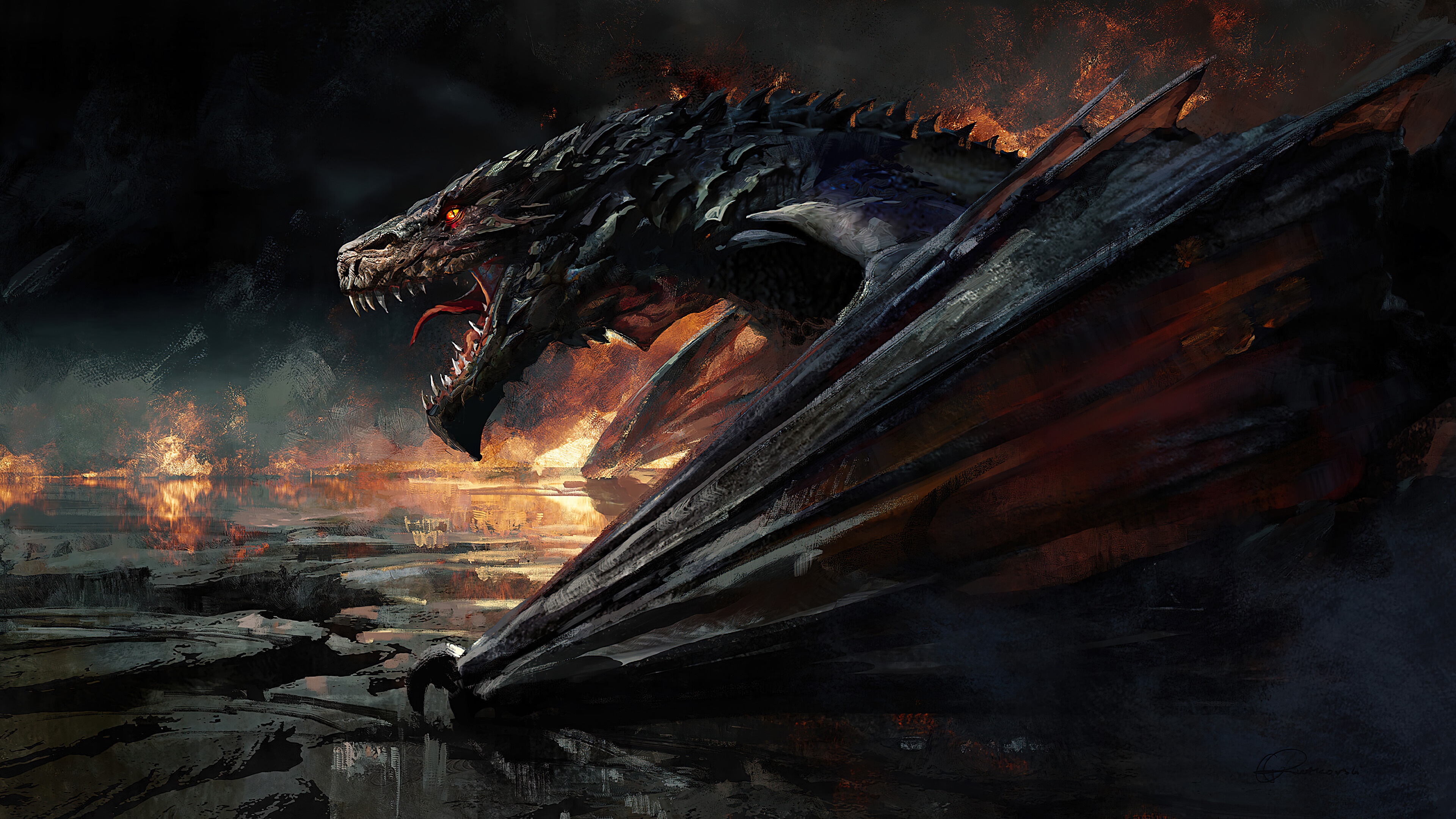 Dragon in a fiery landscape 4K HD Wallpaper