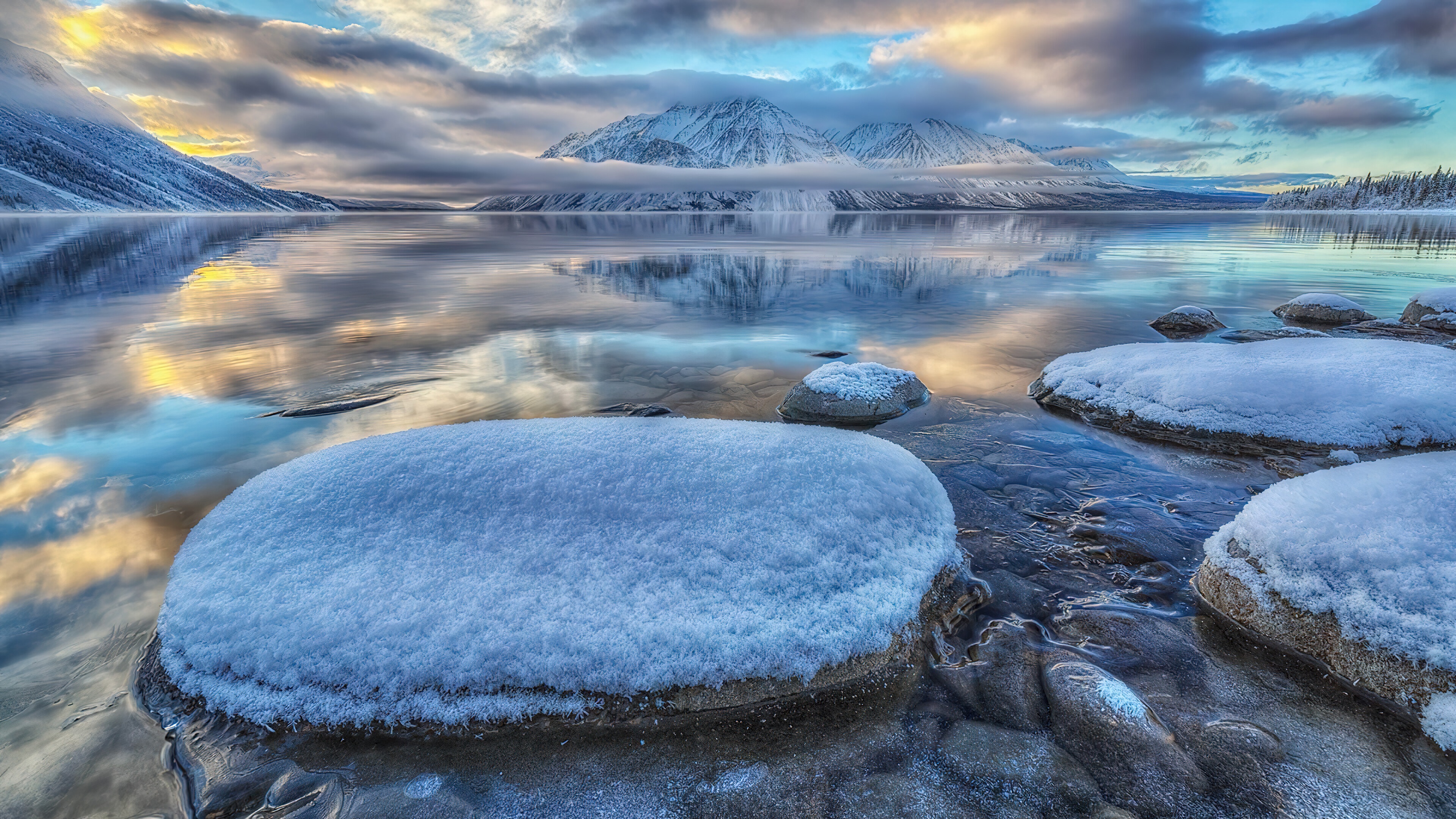 Snowy Mountains Reflecting in Kathleen Lake, Canada 4K HD Wallpaper
