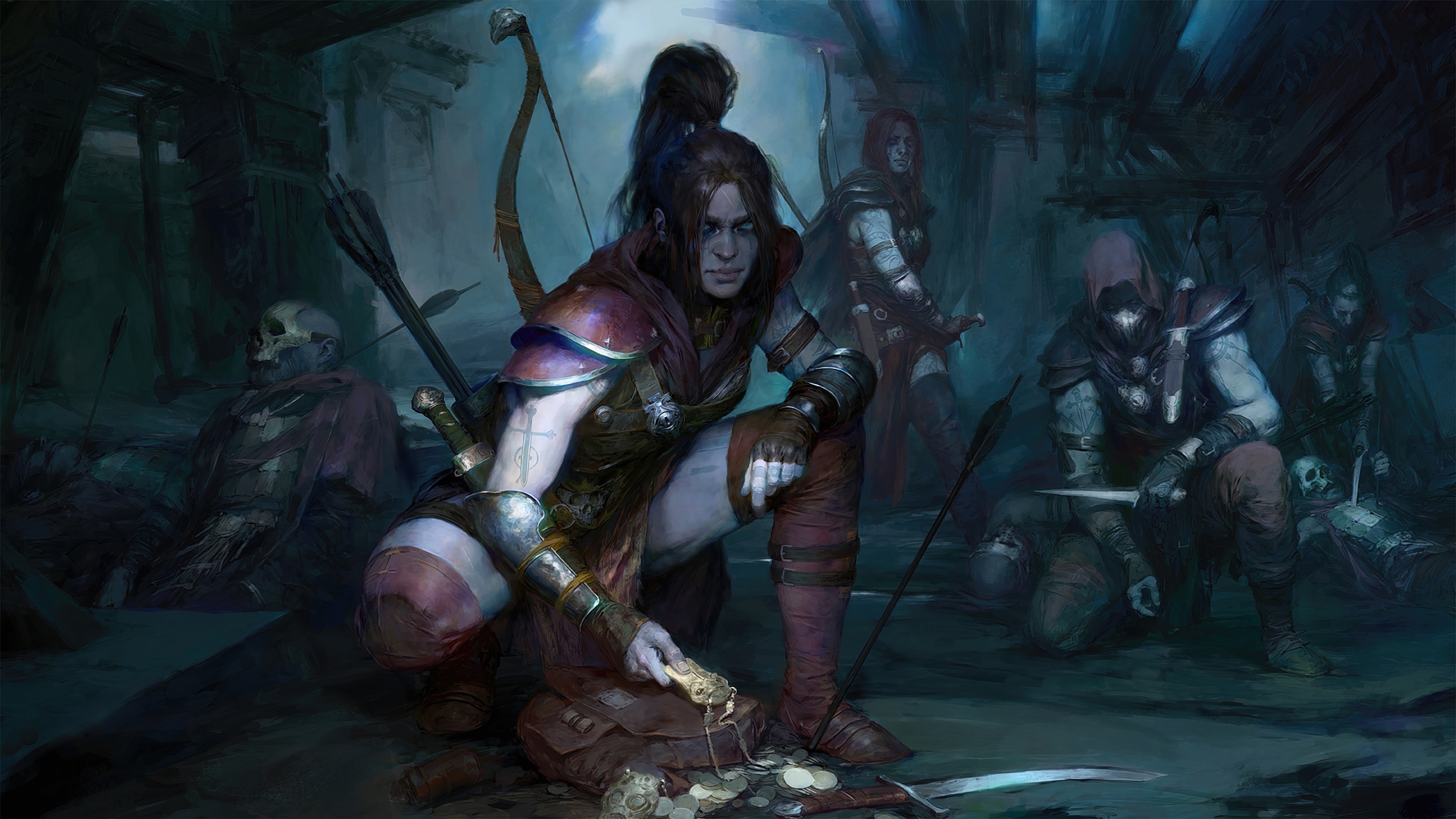 Diablo 4 Rogue and companions in a dark ruin HD Wallpaper