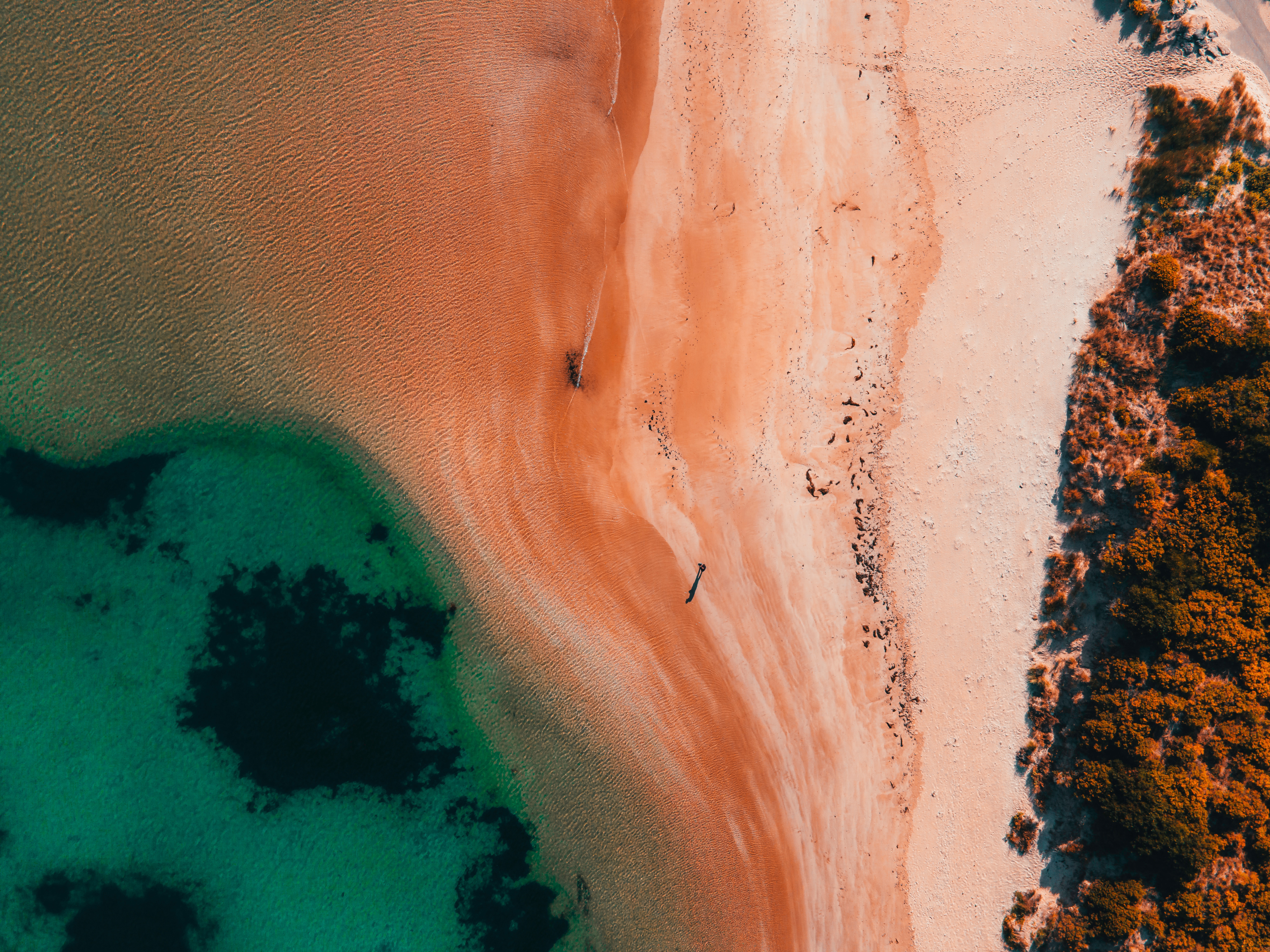 Aerial view of a sandy beach with turquoise water HD Wallpaper