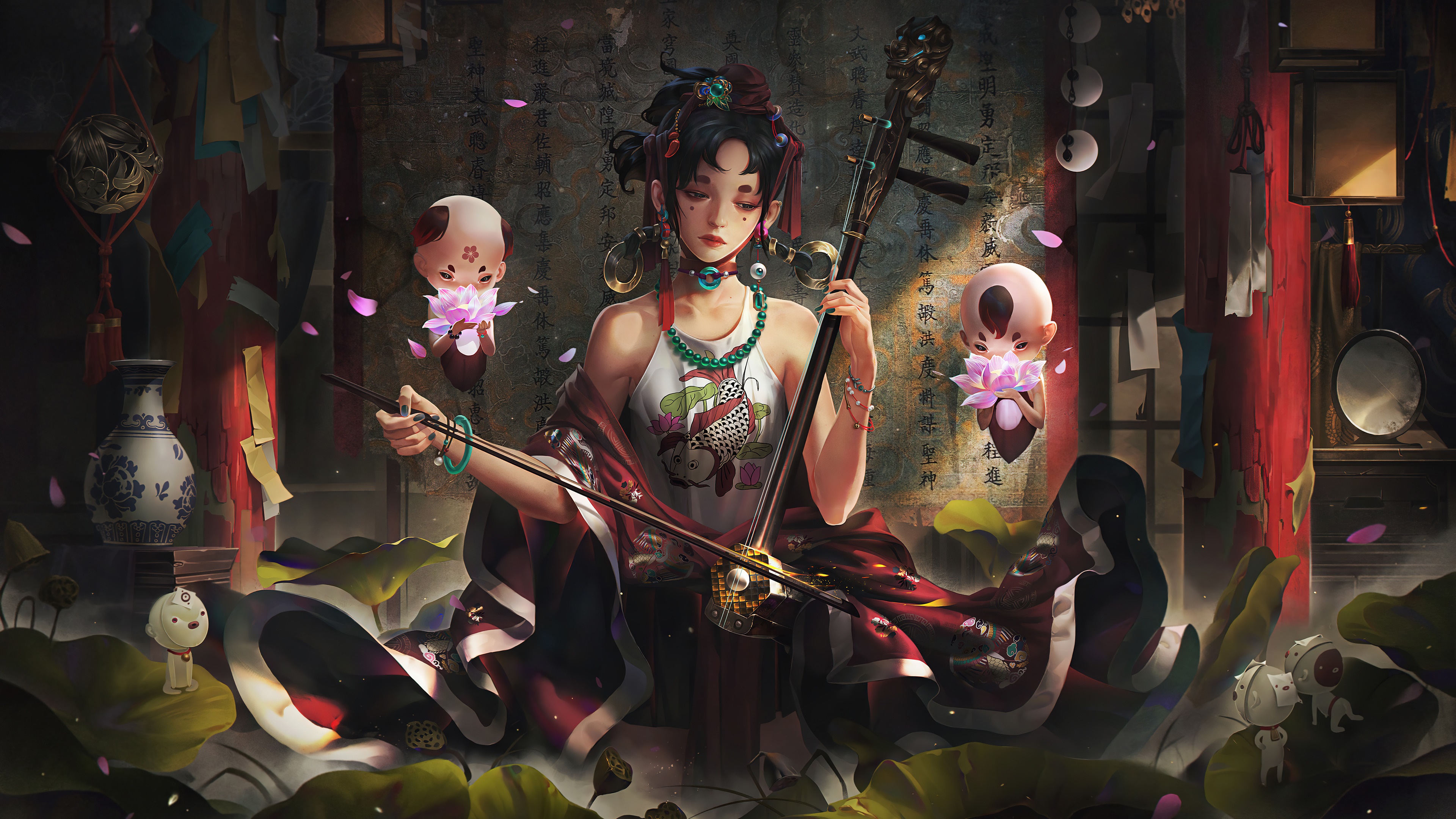 Fantasy girl playing oriental instrument 4K HD Wallpaper