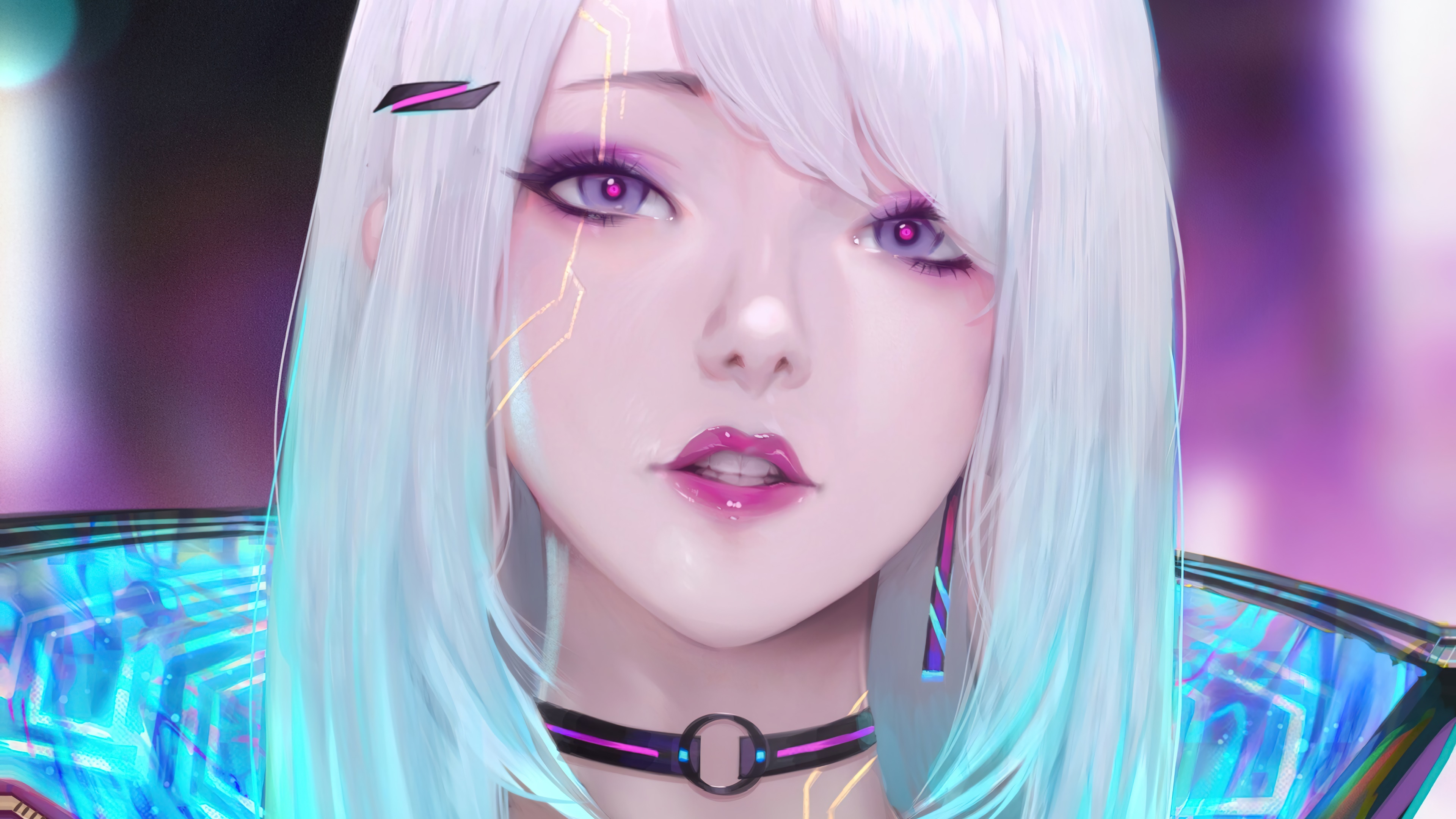 Cyberpunk anime girl with white hair and purple eyes 4K HD Wallpaper