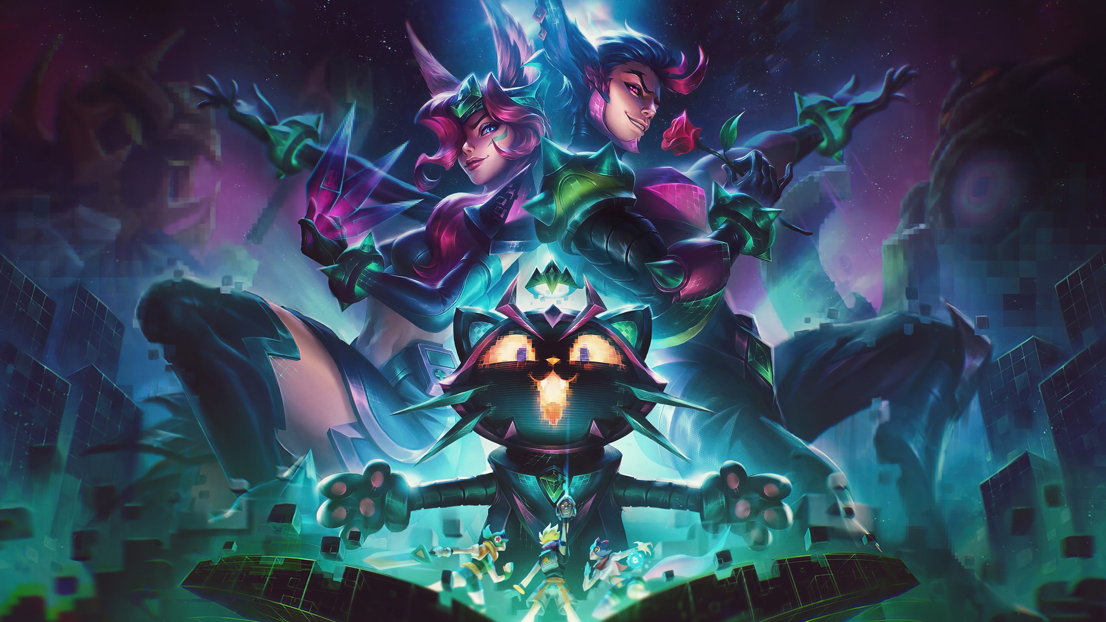 Xayah and Rakan from League of Legends with Yuumi HD Wallpaper
