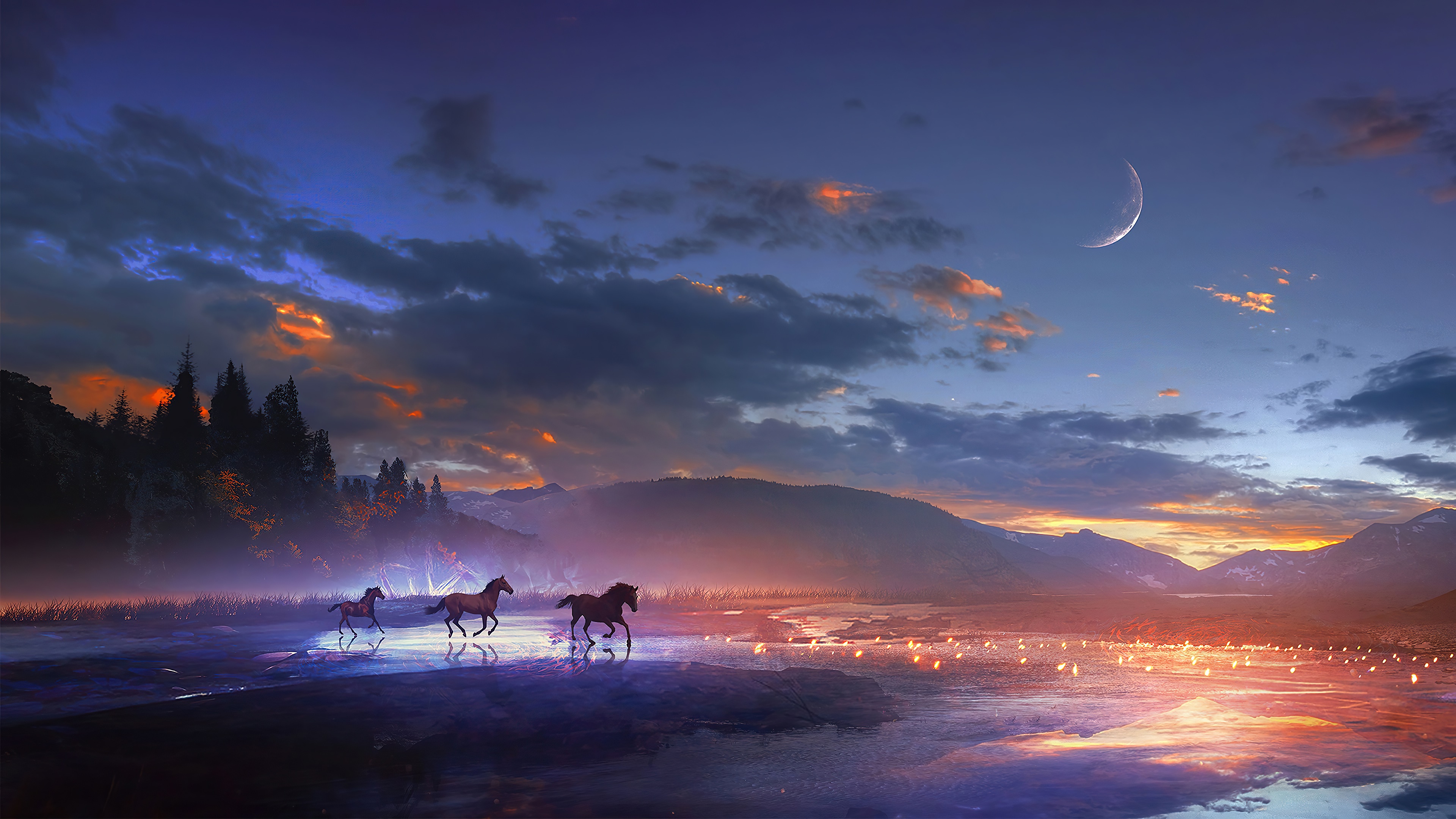 Horses running in a misty landscape at sunset 4K HD Wallpaper