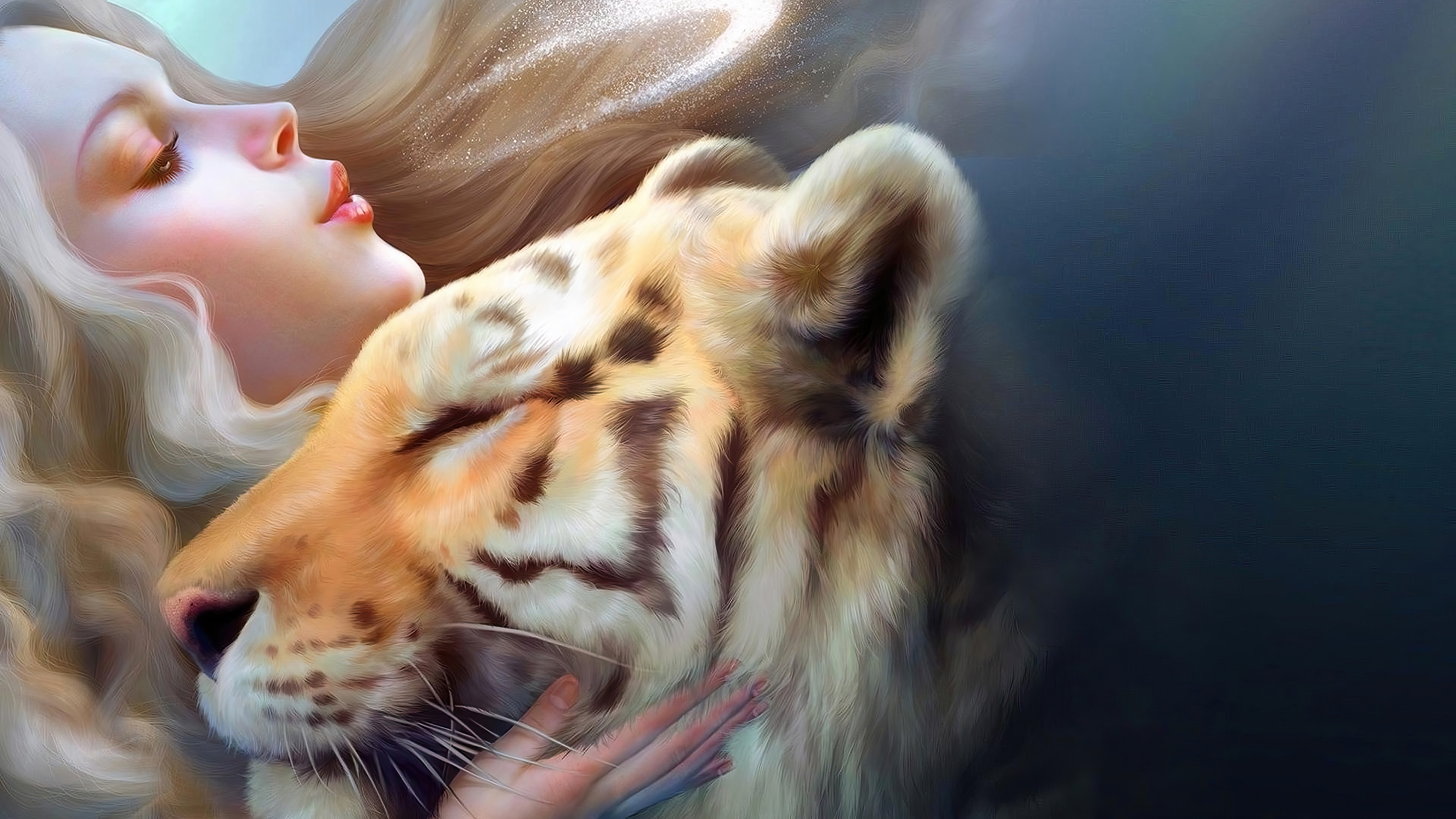 Girl hugging a tiger art 4K HD Wallpaper