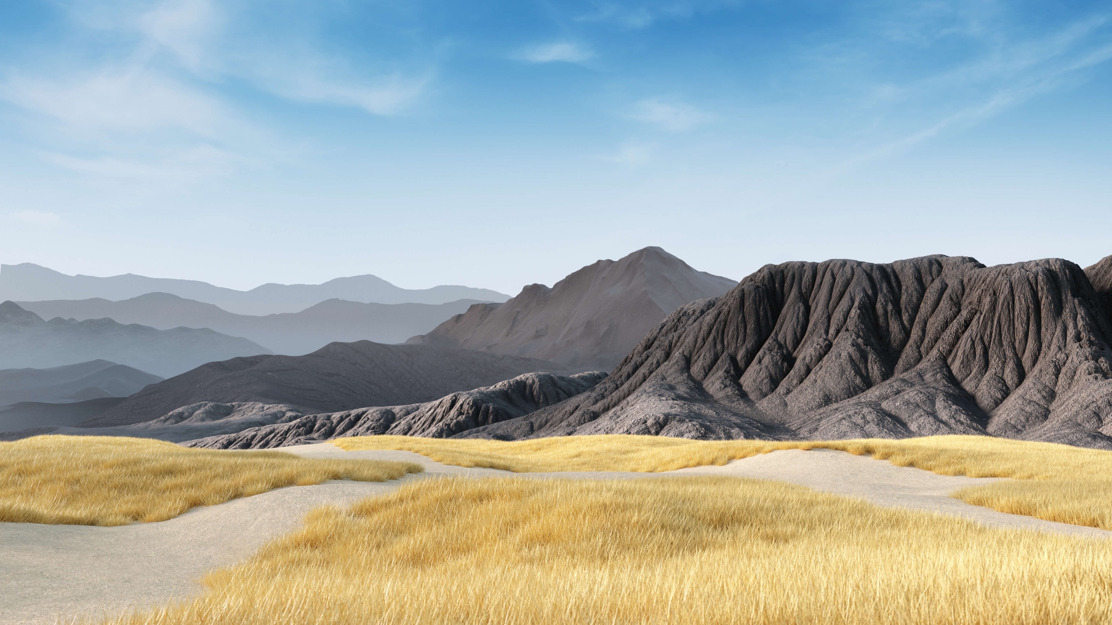 Mountain landscape with golden grass and blue sky HD Wallpaper