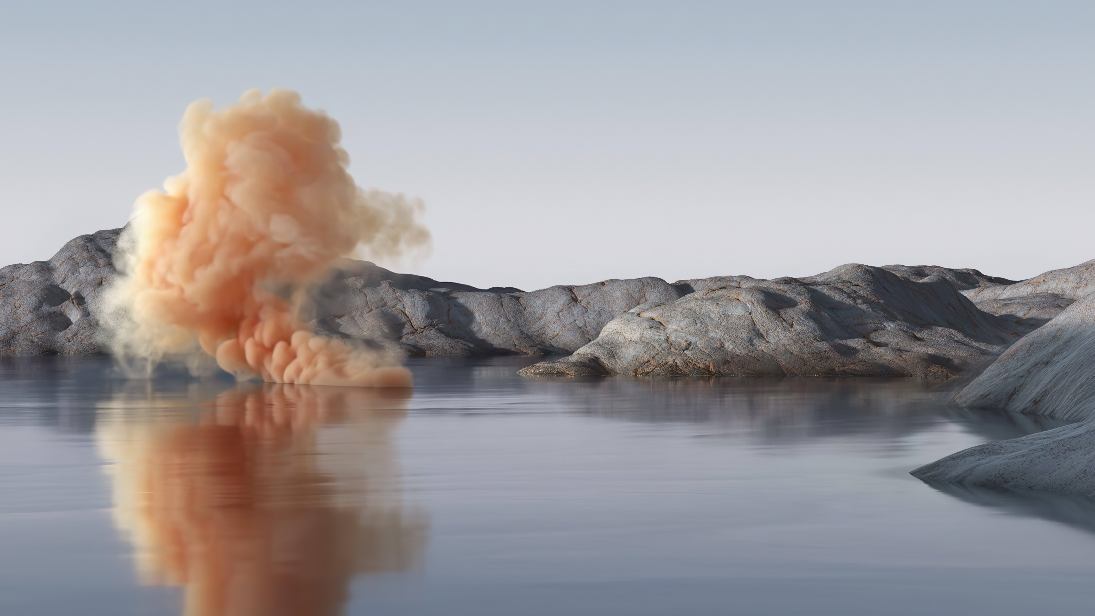 Orange smoke cloud over rocky islands in water 4K HD Wallpaper