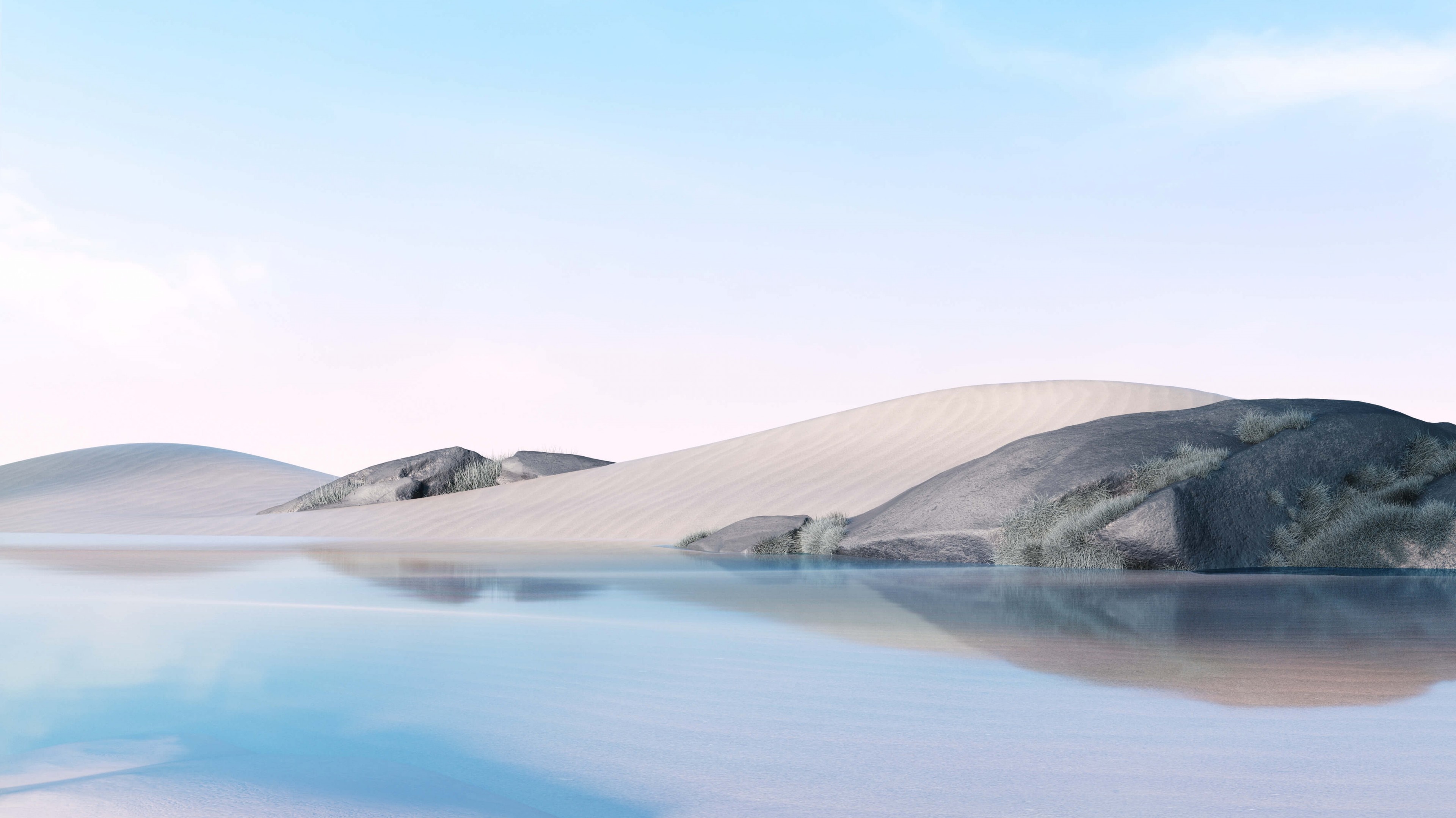 Desert landscape with sand dunes and a calm body of water HD Wallpaper