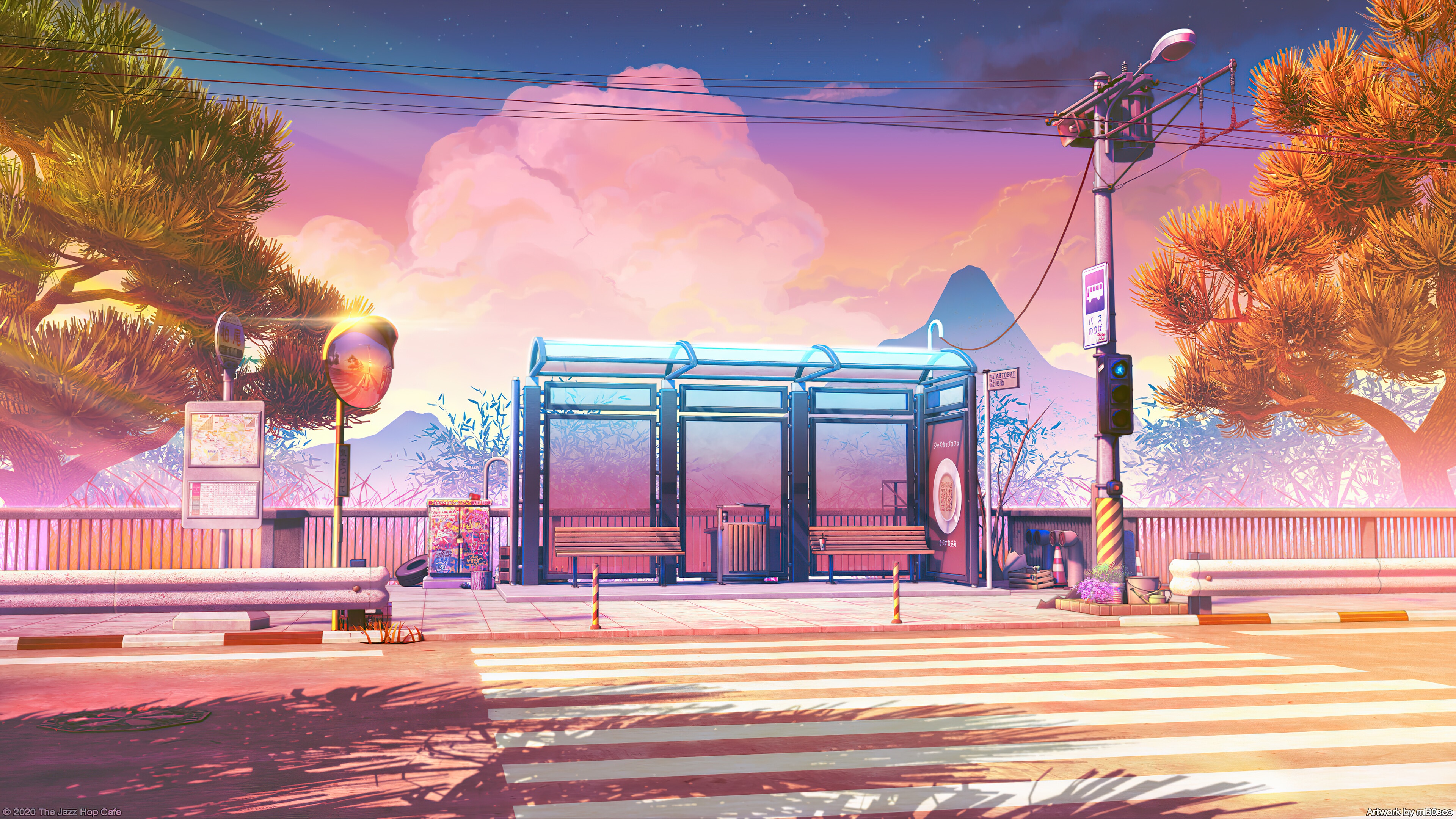 Anime bus stop scenery at sunset 4K HD Wallpaper