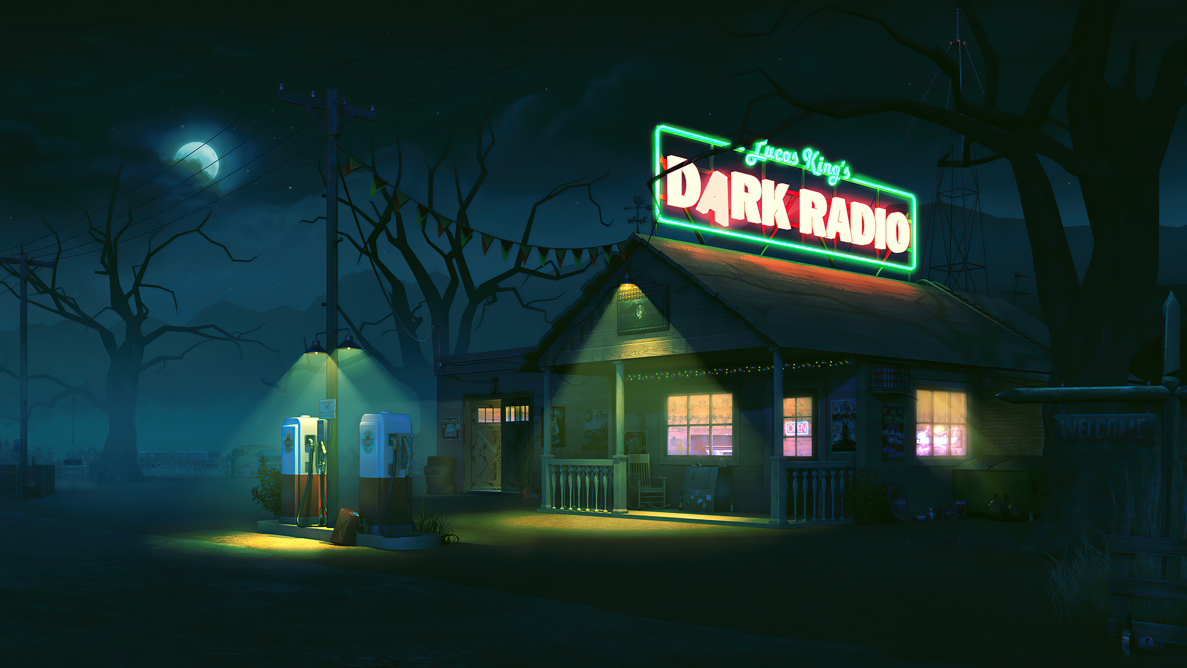 Lucas King's Dark Radio gas station at night HD Wallpaper