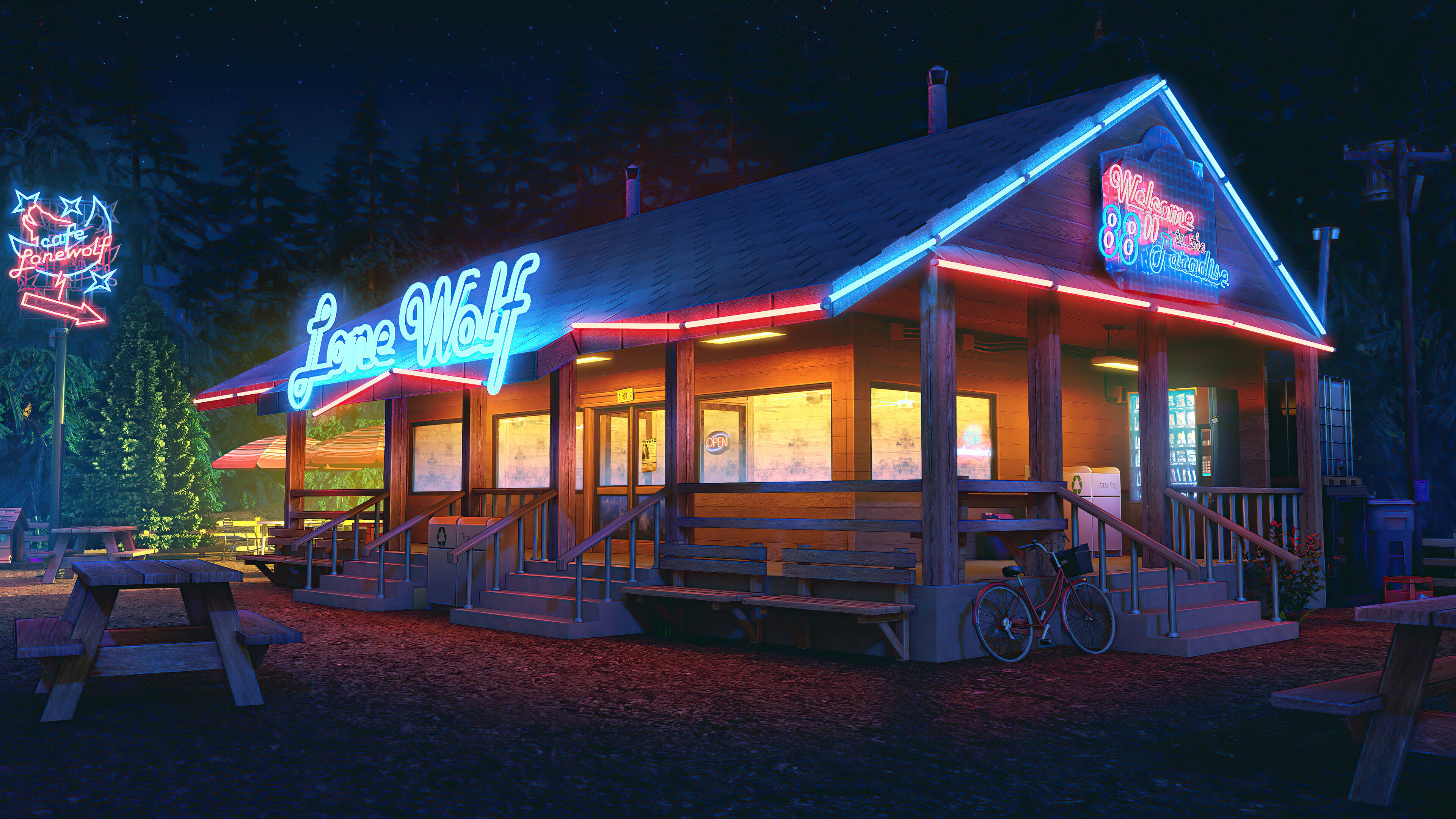 Lone Wolf Cafe at Night with Neon Signs HD Wallpaper
