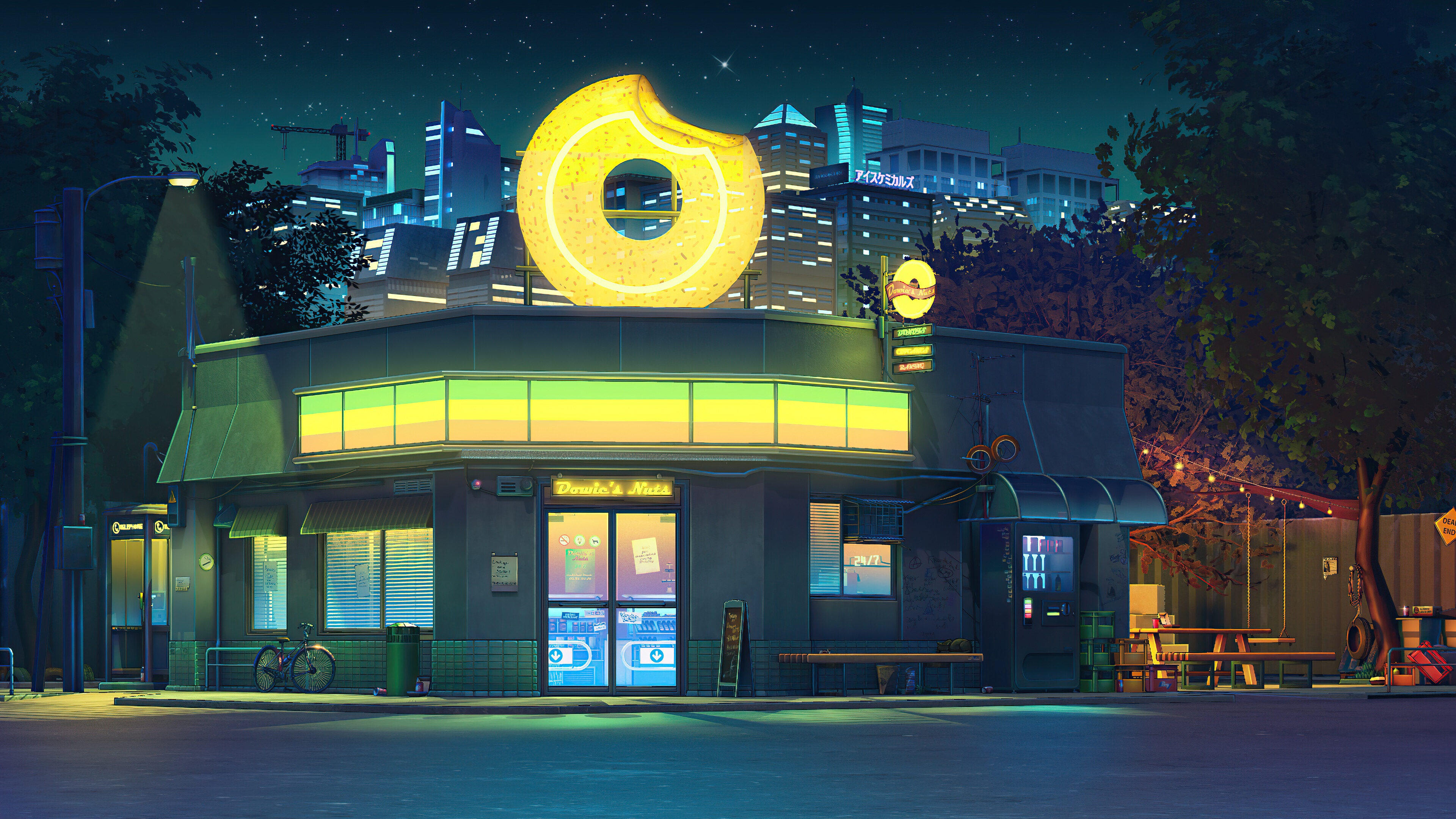 Donut Shop at Night in City 4K HD Wallpaper