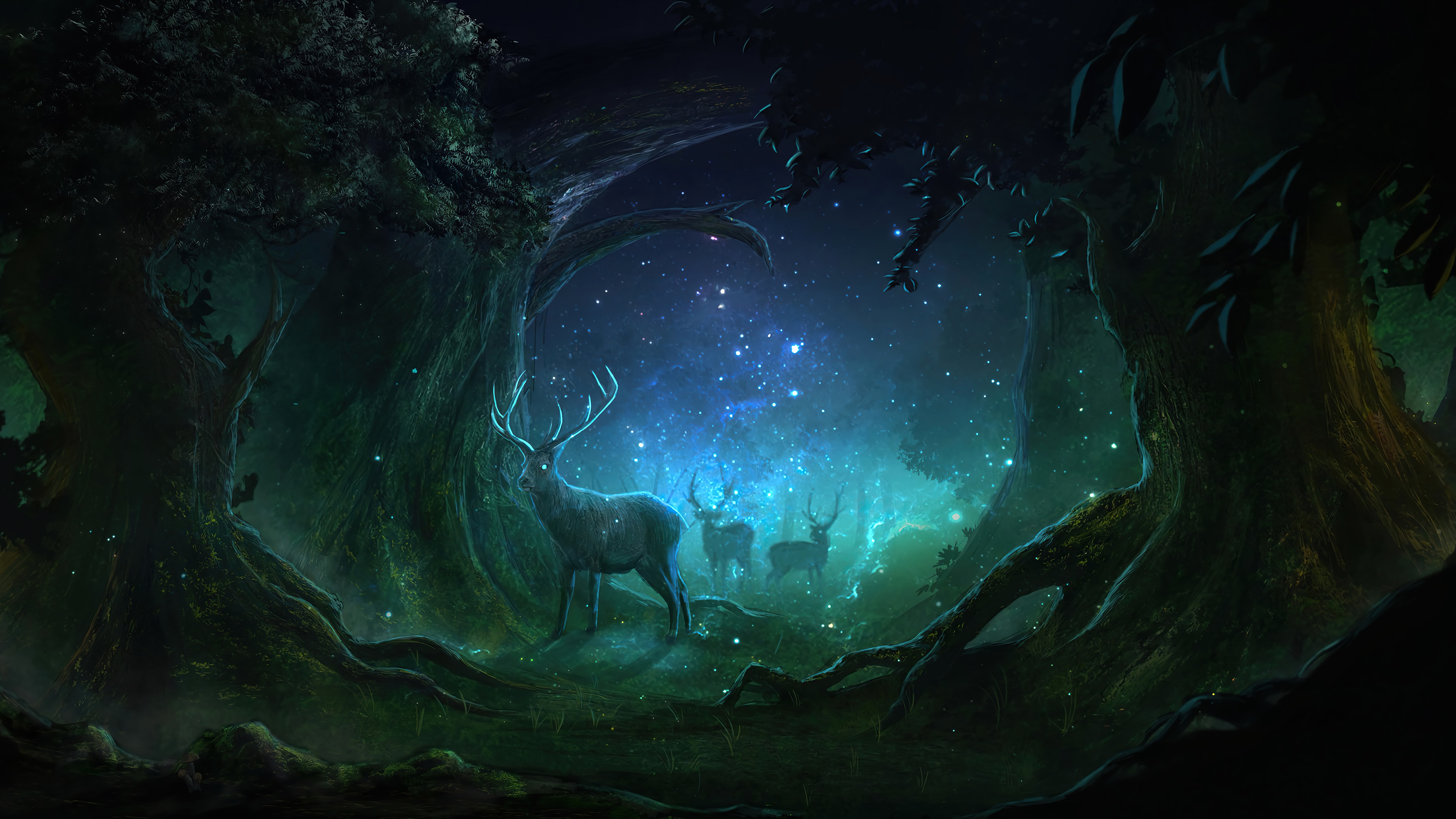 Fantasy forest at night with deer and stars 4K HD Wallpaper