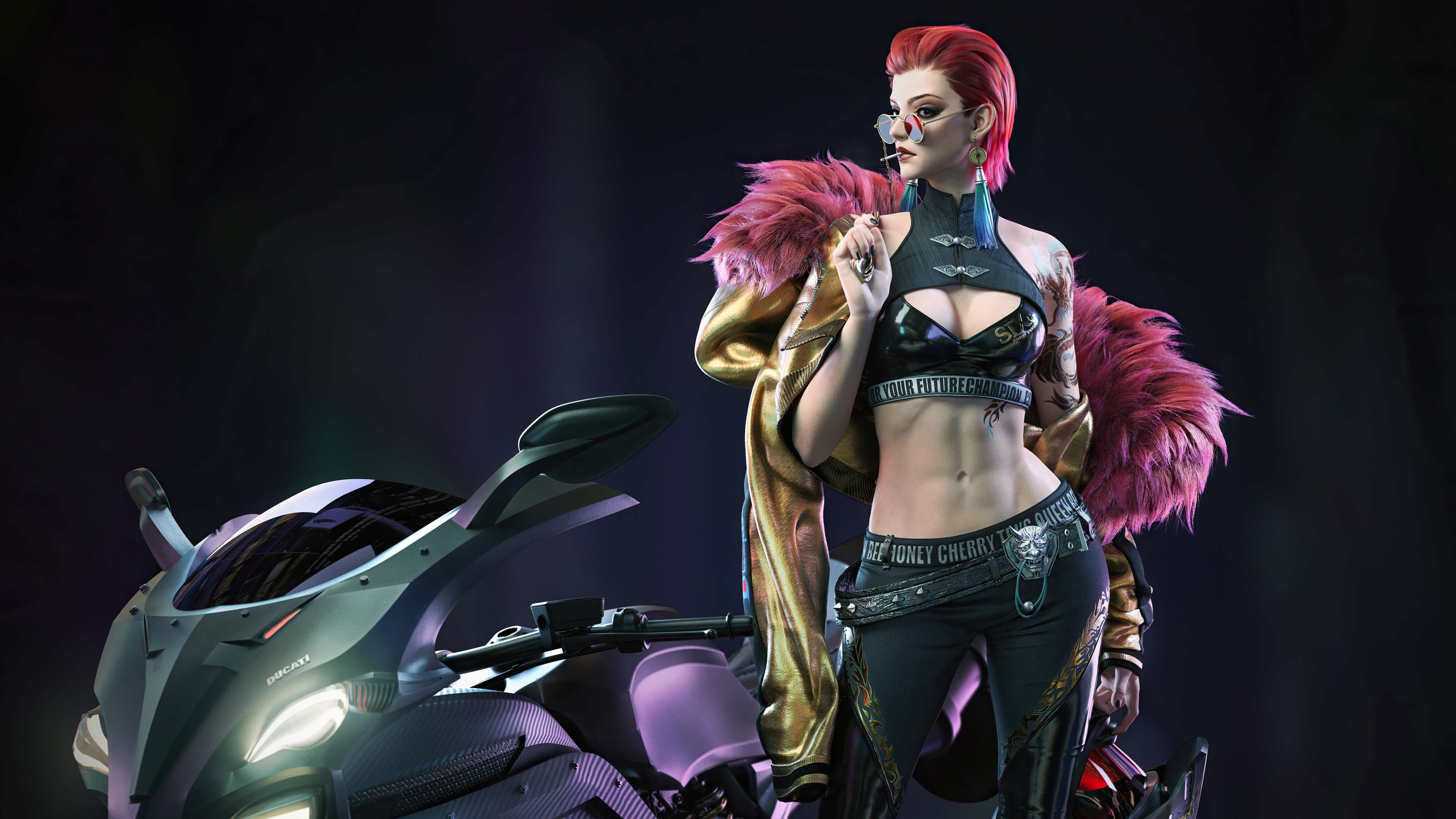 Cyberpunk girl with motorcycle, smoking, 4K HD Wallpaper