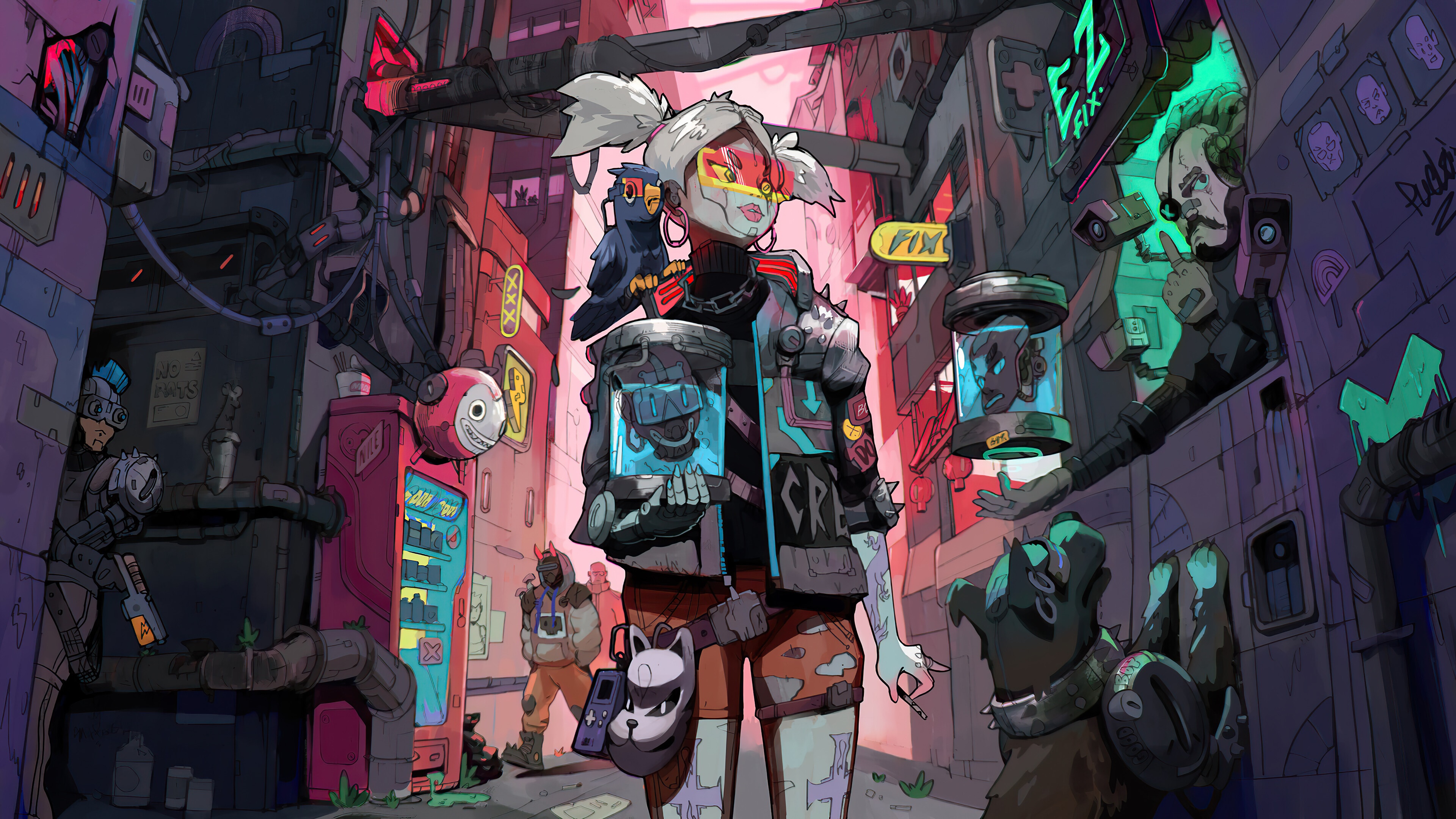 Cyberpunk girl with owl and jars in alley 4K HD Wallpaper