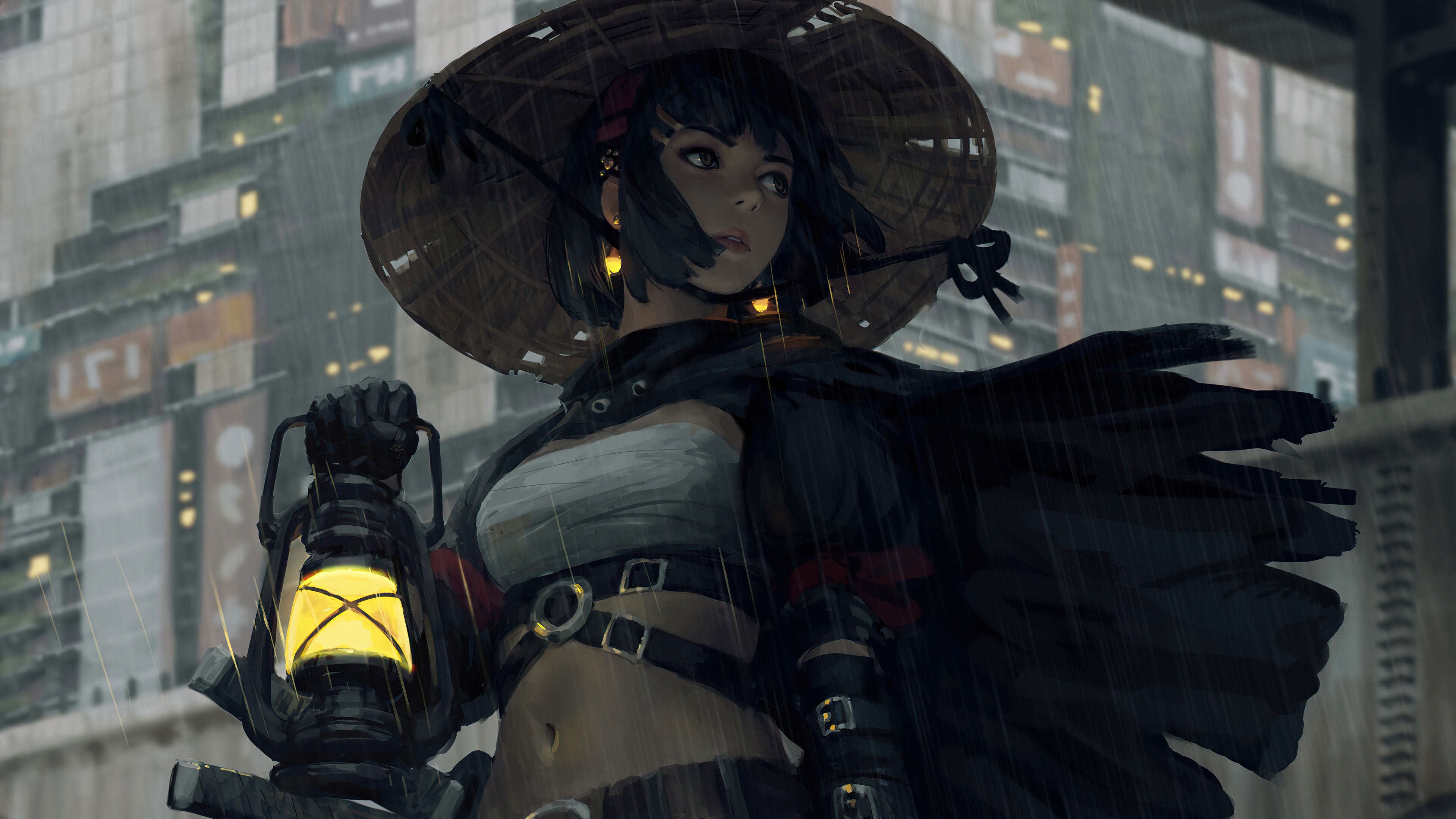 Fantasy warrior girl holding a lantern in the rain HD Wallpaper
