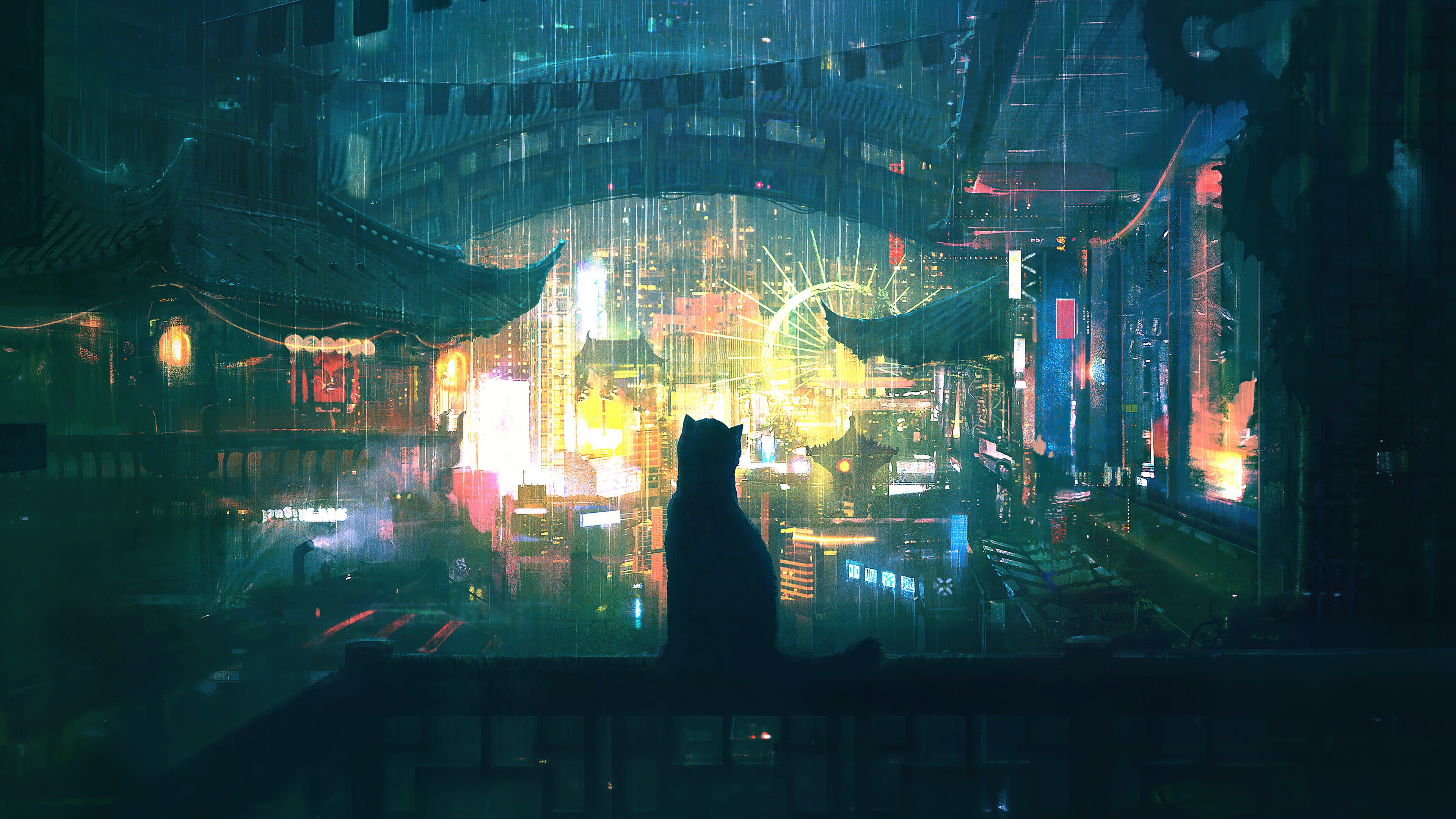 Cat Silhouette in Rainy Cyberpunk Cityscape Art 4K HD Wallpaper