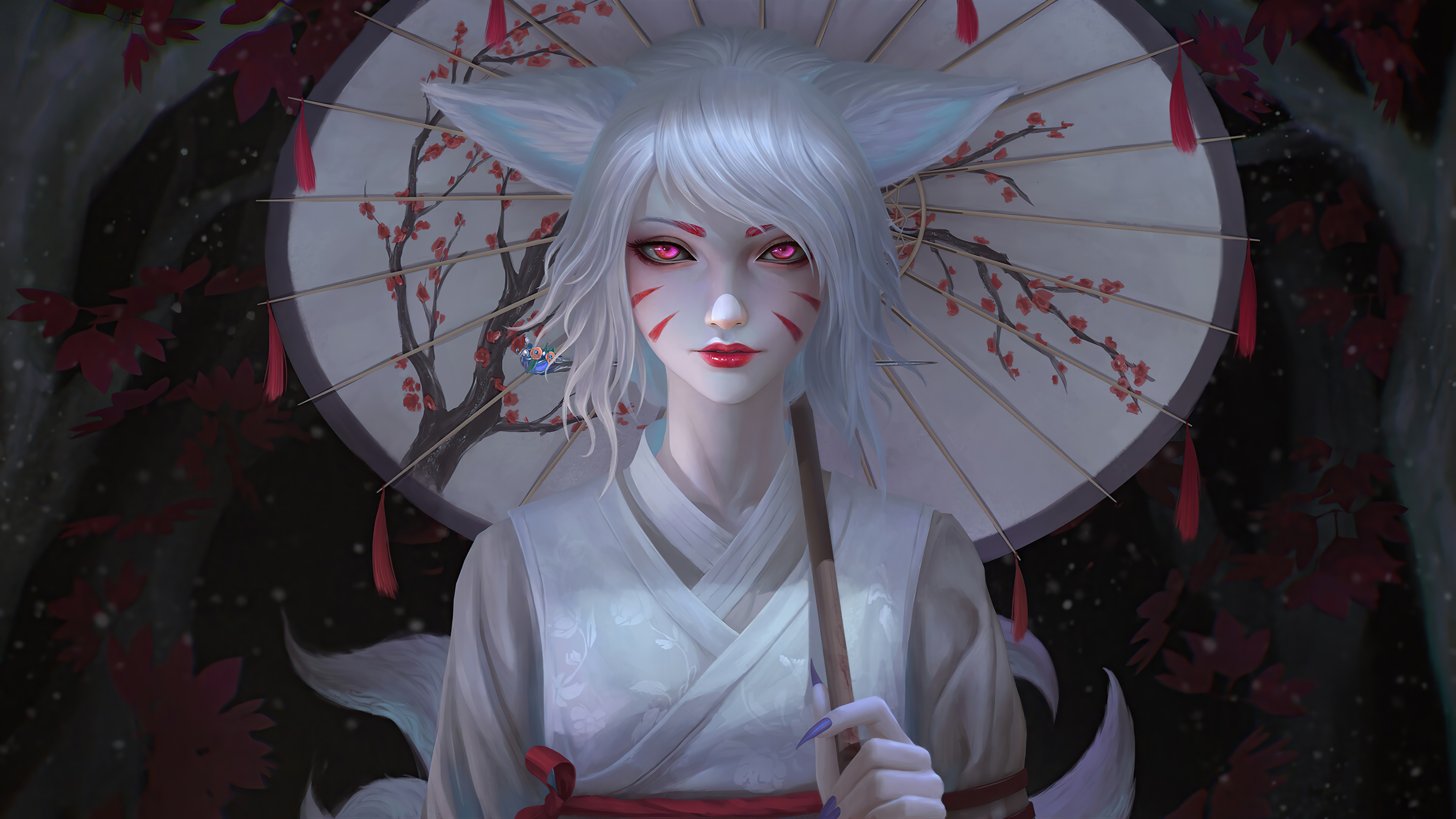 Fox girl with umbrella and red leaves HD Wallpaper