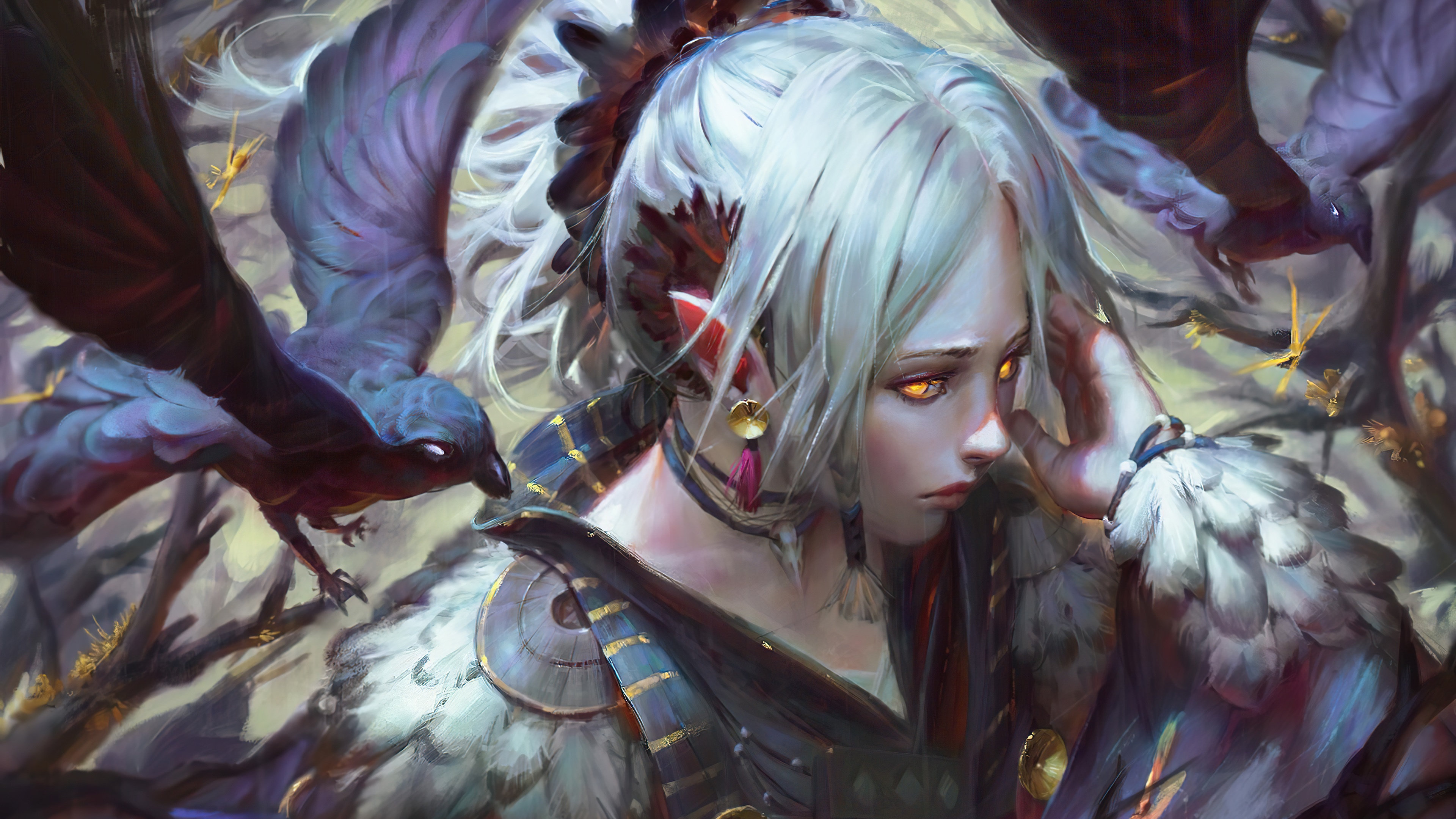 Fantasy girl with crows 4K HD Wallpaper