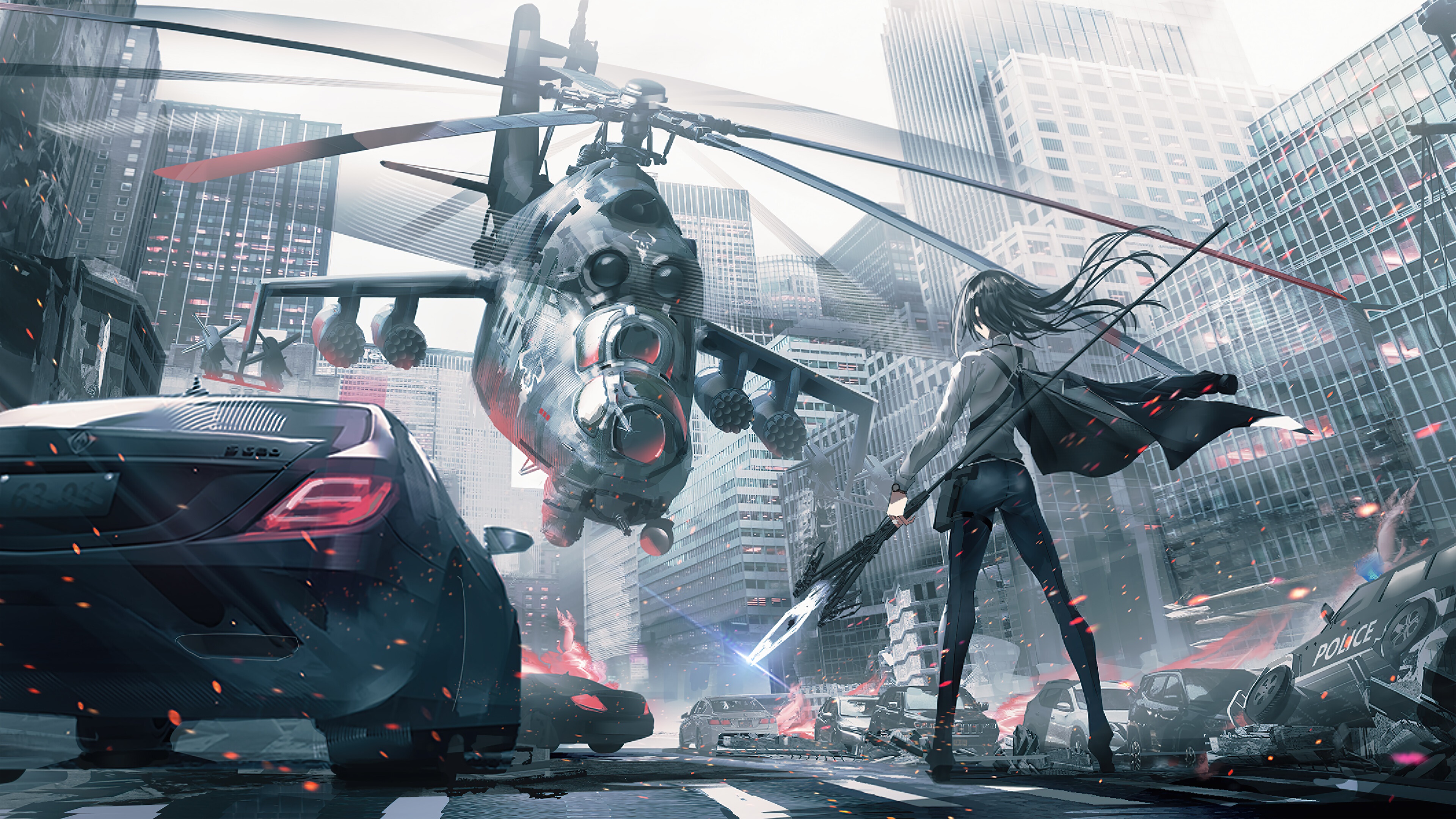 Anime girl warrior battles helicopter in destroyed city 4K HD Wallpaper