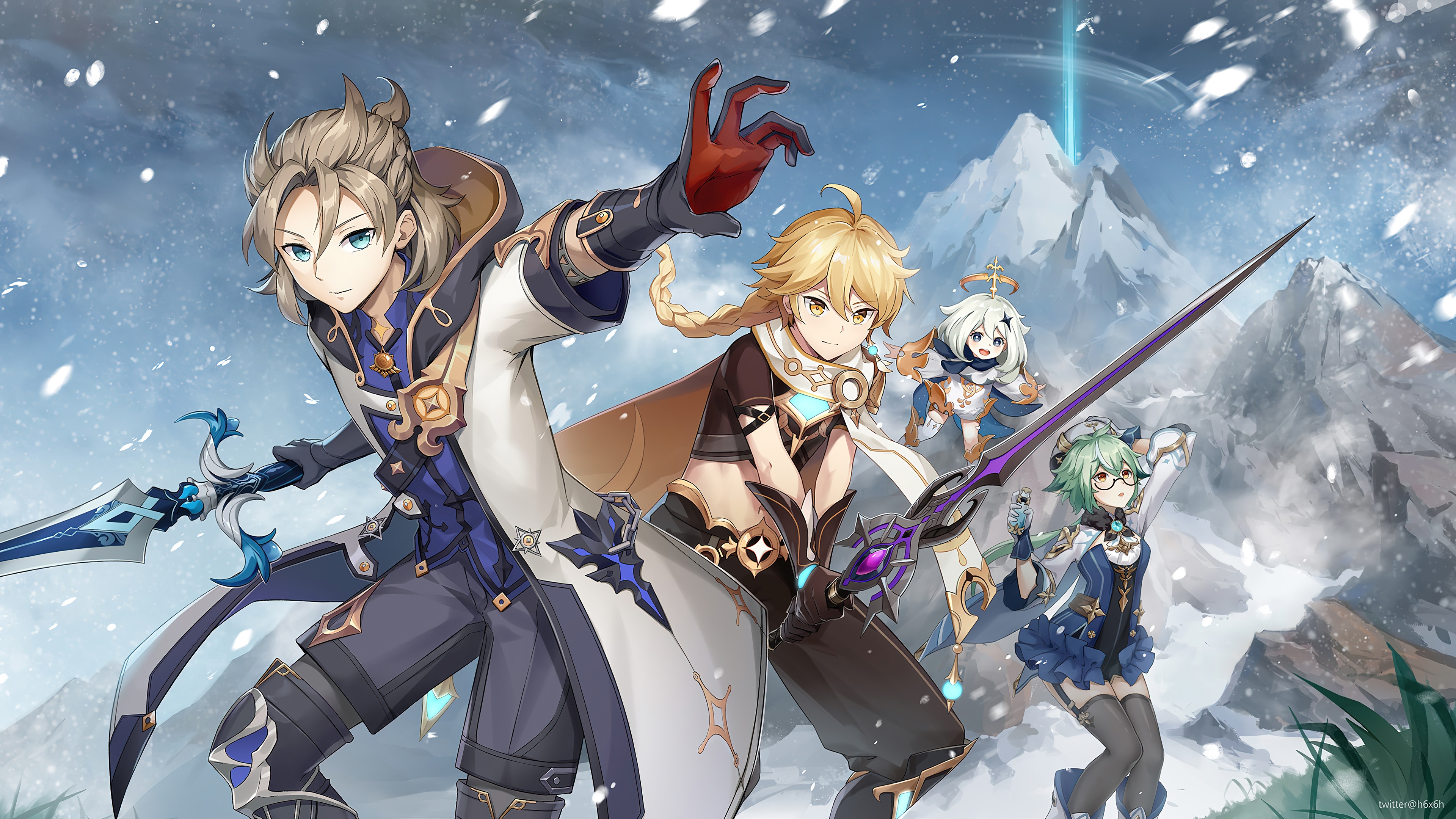 Albedo, Aether, Sucrose, and Paimon from Genshin Impact in snowy mountains HD Wallpaper