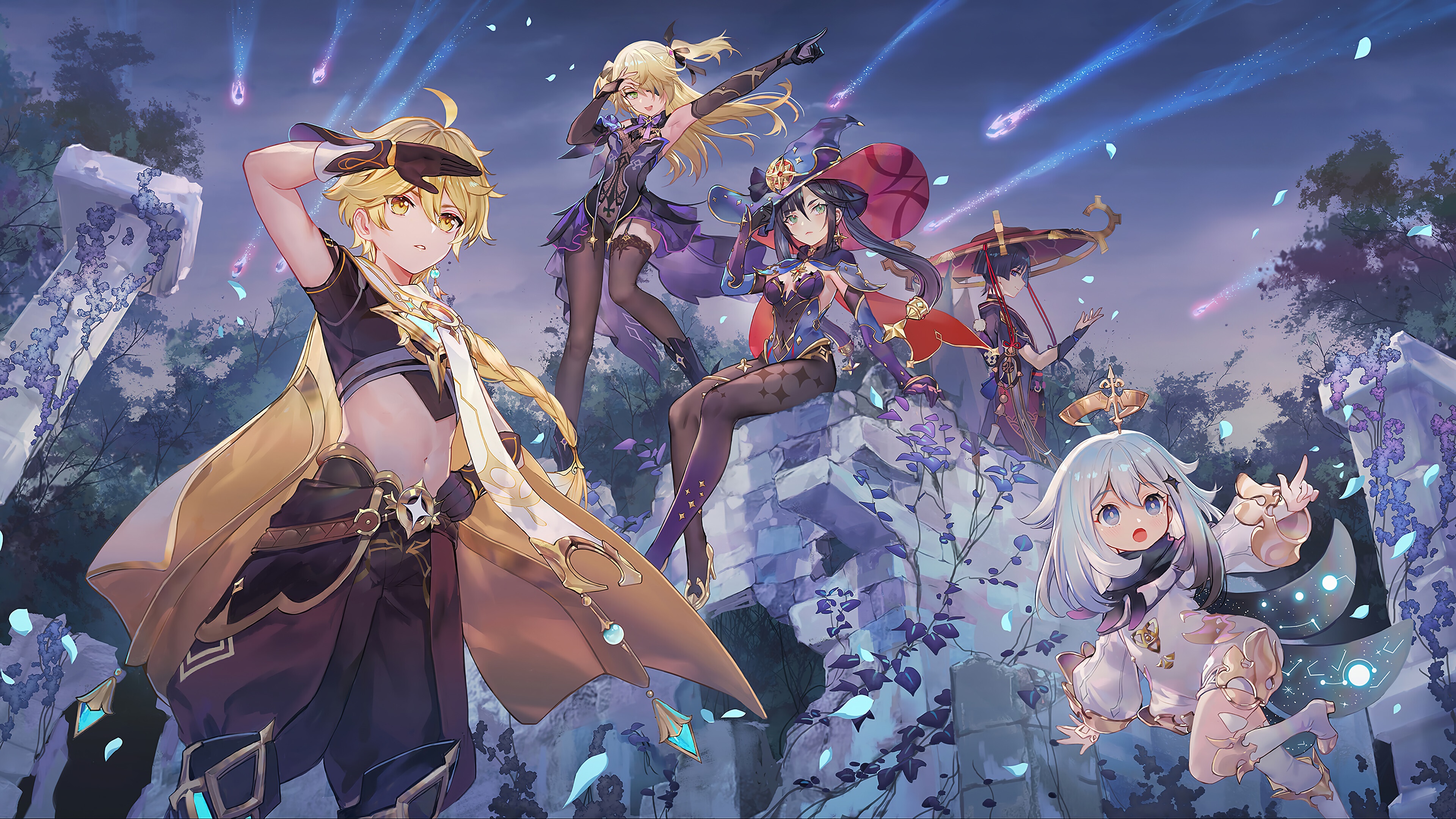 Genshin Impact: Aether, Fischl, Mona, Paimon, Scaramouche 4K HD Wallpaper